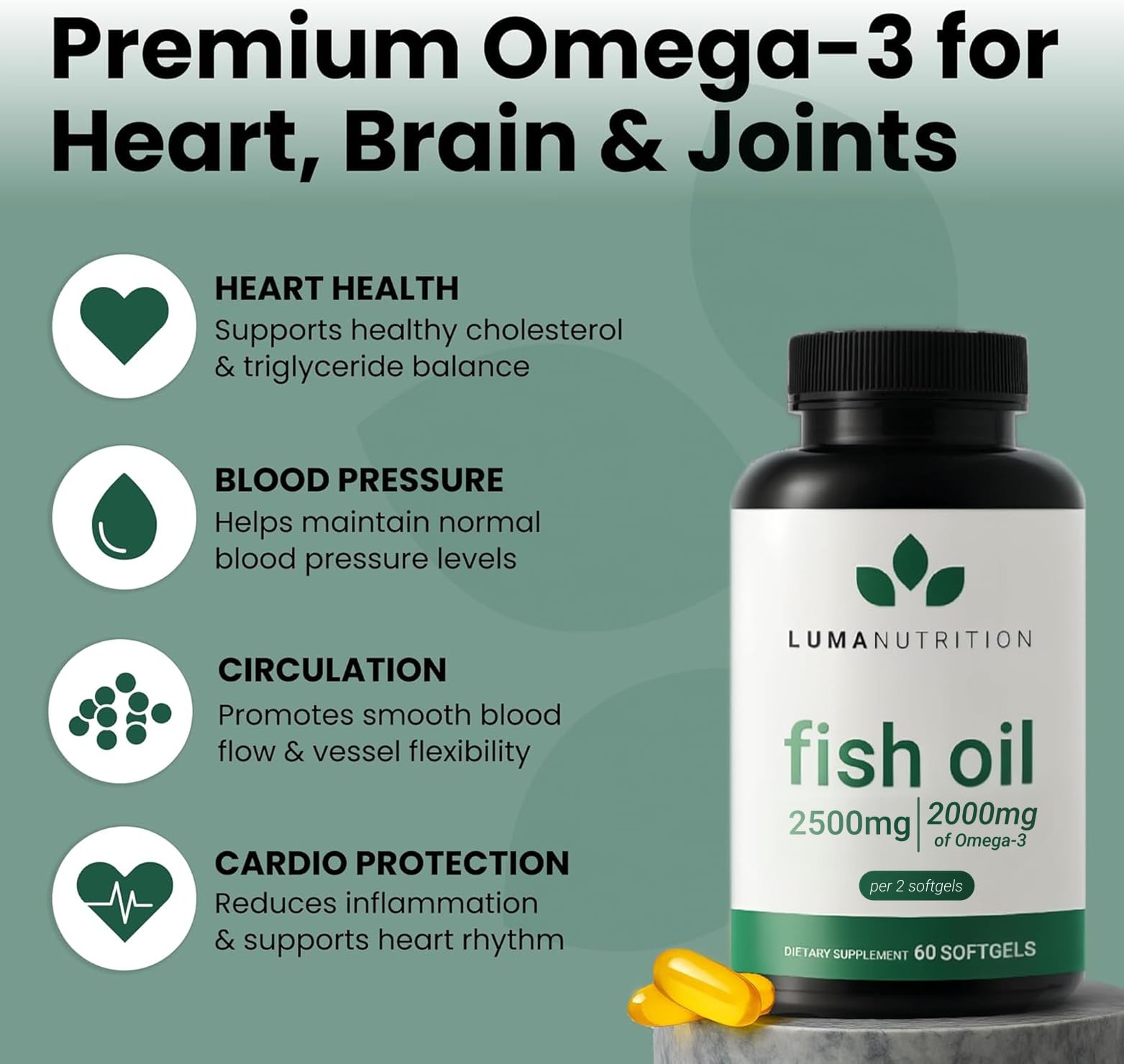 Luma Nutrition Omega 3 Fish Oil Supplement - Extra Strength 2500mg Per Serving - 2000mg EPA & DHA Per Serving - Brain and Heart Health - 60 Softgels, 30 Servings Luma Nutrition buy supplements canada