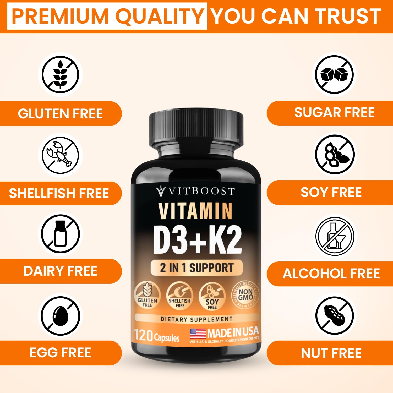 VITBOOST Vitamin D3 K2 Complex - Easy to Swallow - Vitamin D (D3) 5000 IU (125 mcg) & K2(MK-7) 90 mcg | Non-GMO | Gluten-Free VITBOOST buy supplements canada