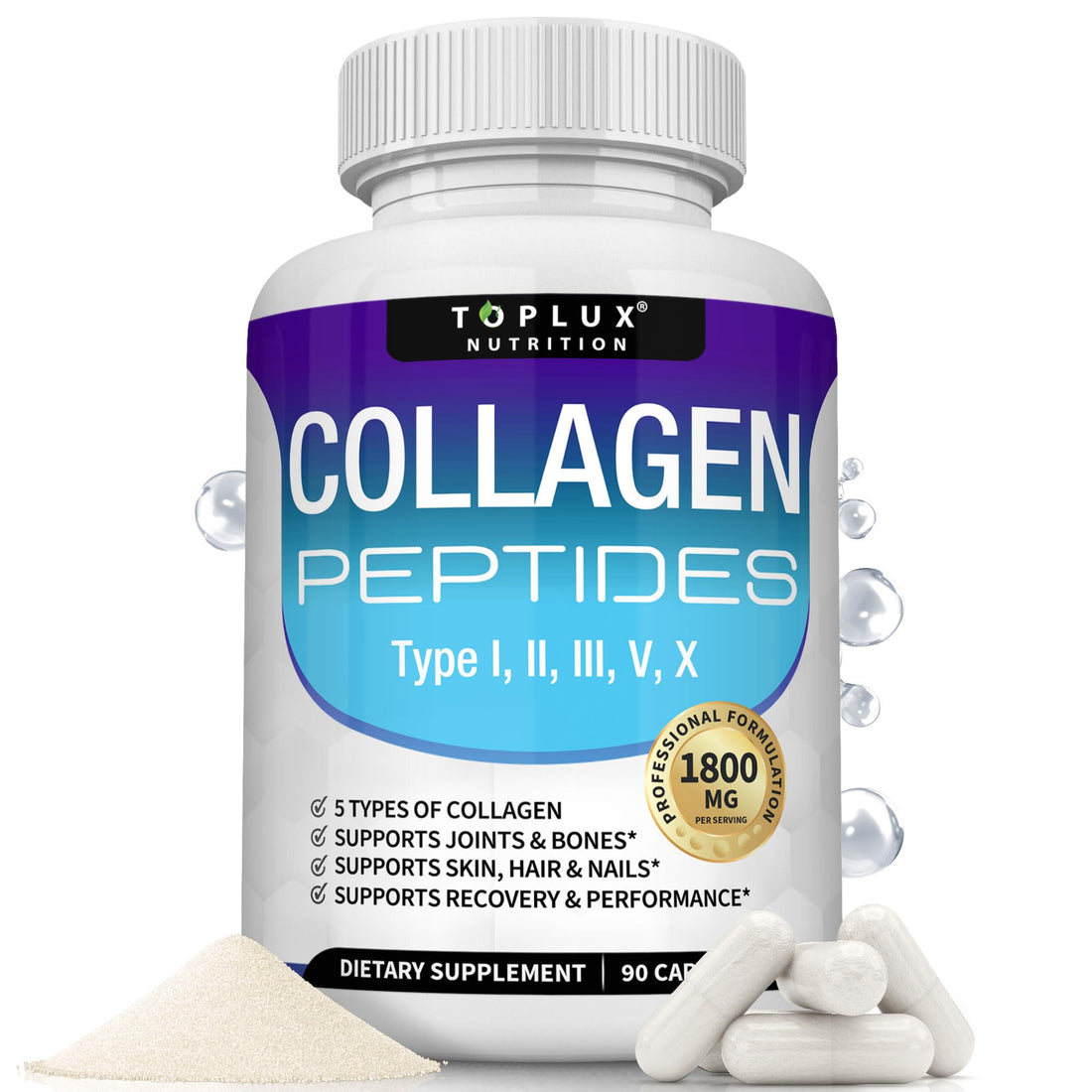 Toplux Multi Collagen Peptides Pills 1800 Mg Complex - Type I, II, III, V, X Premium Collagen Complex for Better Skin & Hair, Strong Joint, Hydrolyzed Protein Toplux buy supplements canada