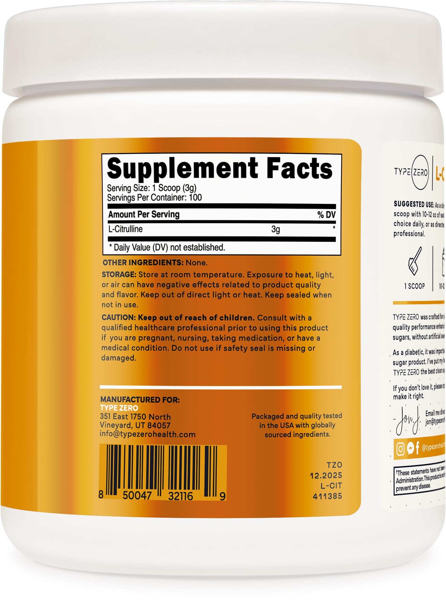 Type Zero L-Citrulline Base Powder, 3,000mg Per Serving - 100 Servings Type Zero buy supplements canada