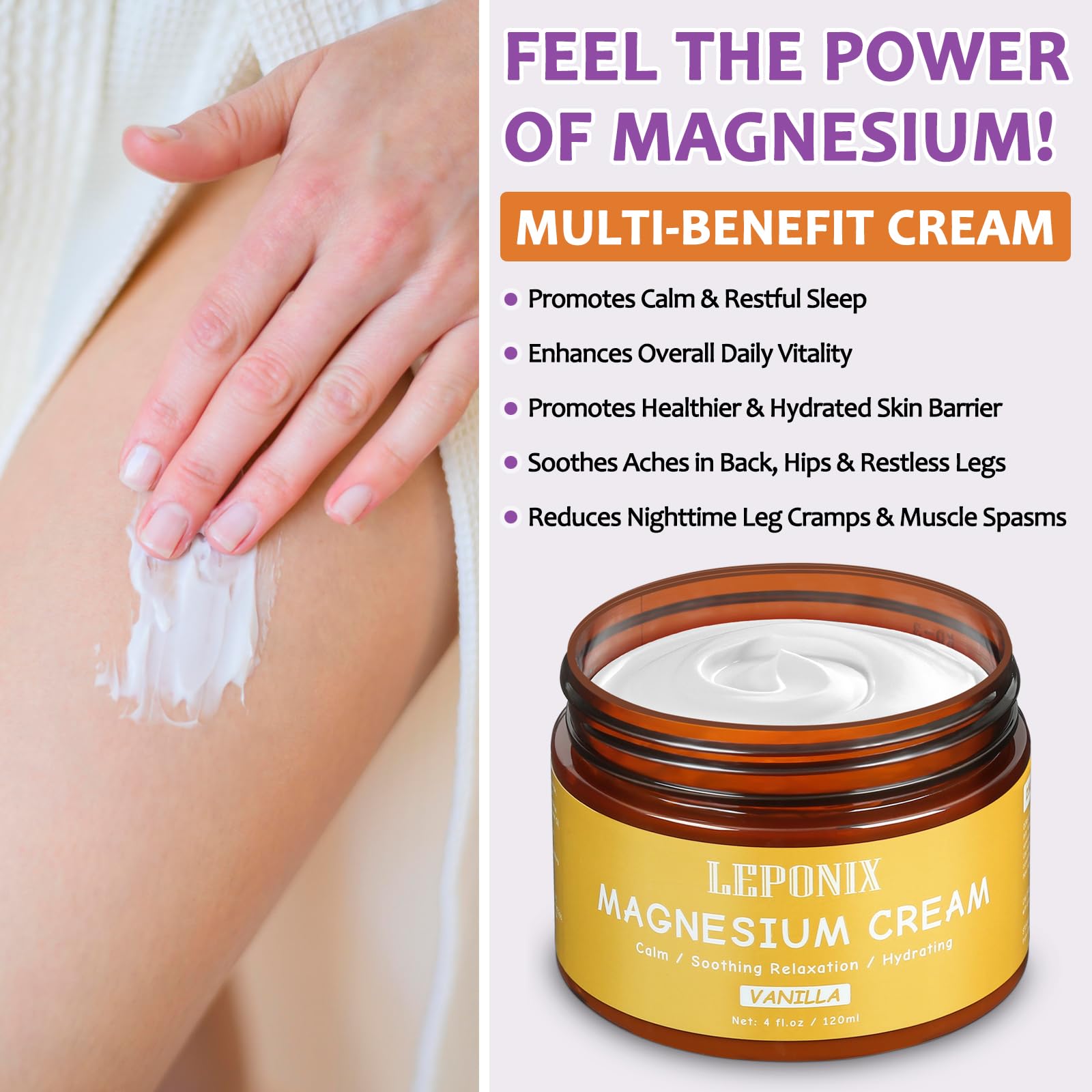Magnesium Cream for Sleep & Muscle Recovery - Soothing Topical Magnesium Lotion for Leg Cramps, Joint Comfort, Pain Relief - Relaxing Magnesium Body Butter for Men Women Kids (120ml, Vanilla) LEPONIX buy supplements canada
