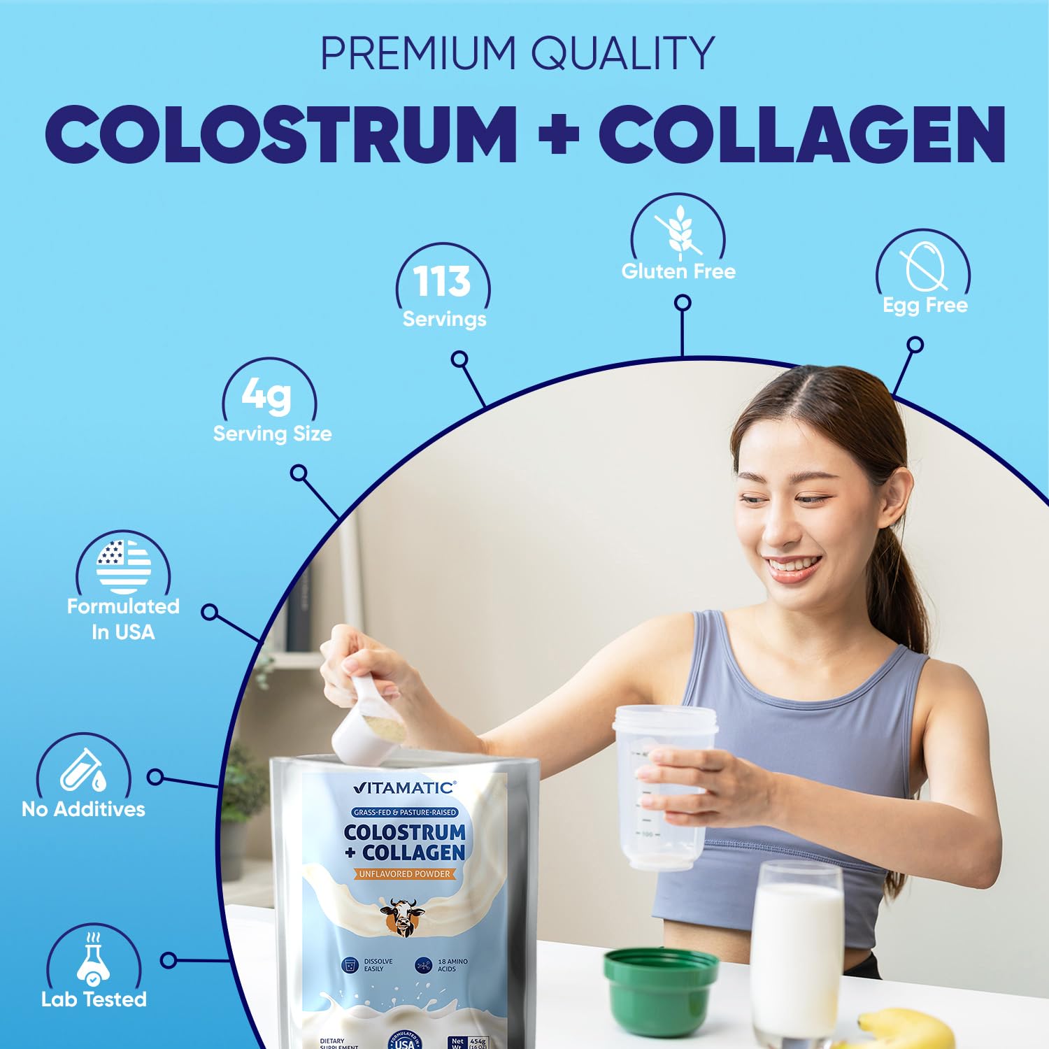 Vitamatic Bovine Colostrum + Collagen Powder - Supplement for Gut Health, Hair Growth, Beauty, Muscle Recovery, & Immune Support - Easy to Mix - Unflavored - 454 Gram, (16 oz) Vitamatic buy supplements canada