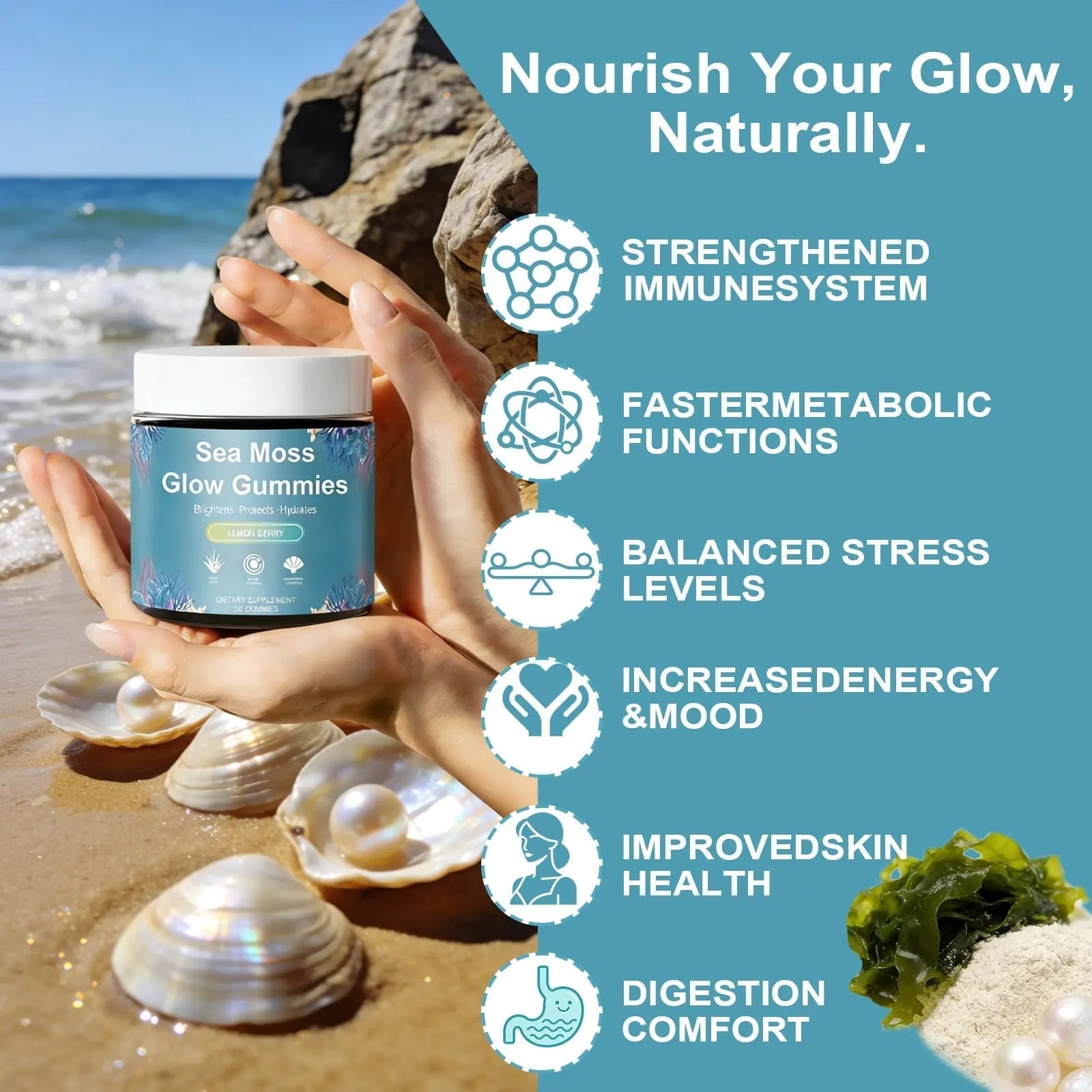 HICFRWE Sea Moss Glow Gummies - Hair Gummies with Vitamin C, Vitamin E, Aloe Vera, Pearl Powder Supports Faster Hair Growth HICFRWE buy supplements canada