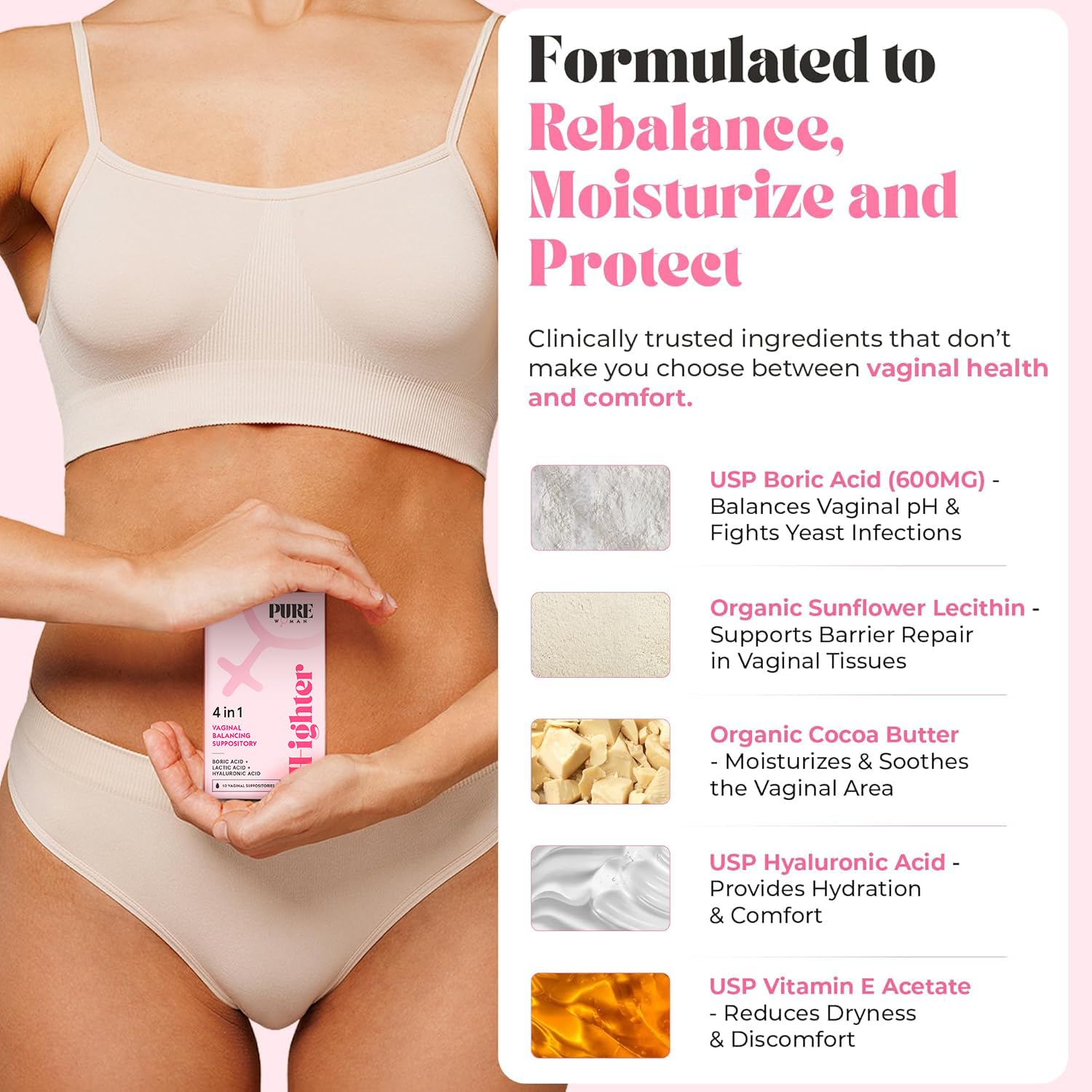 PURE WOMAN - pH-ighter Vaginal Boric Acid Suppositories for Women - Hyaluronic Acid - 4 in 1 Vaginal Suppositories for Discomfort, Dryness, Odor & pH Balance- Full Vaginal Health Care - 7pk PURE WOMAN buy supplements canada