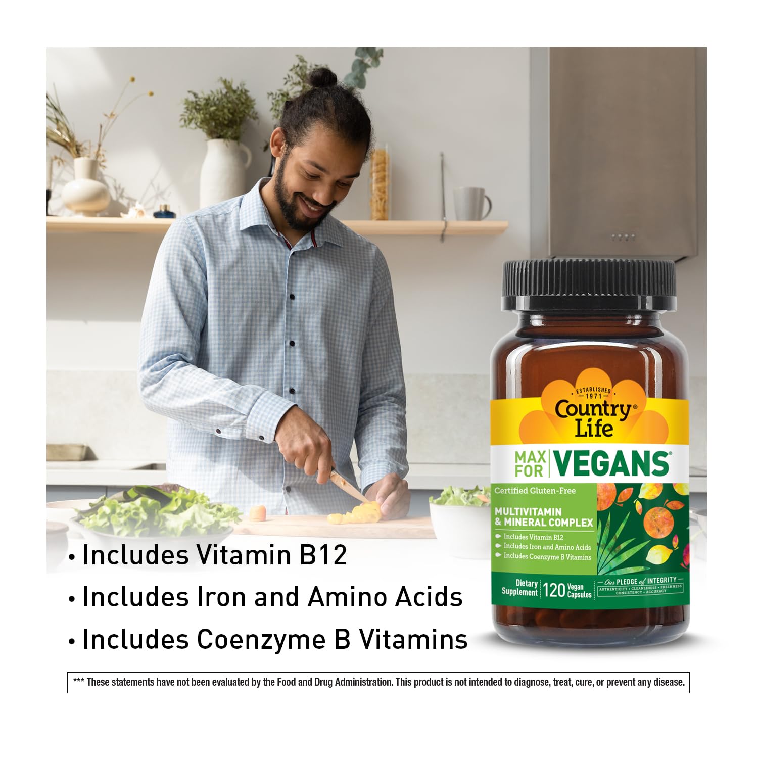 Country Life Max for Vegans - 120 Vegan Capsules - Daily Multivitamins - Immune Support Supplement - Contains Vitamin B12, Iron, Amino Acids, Coenzyme B Vitamins - Gluten-Free Country Life buy supplements canada