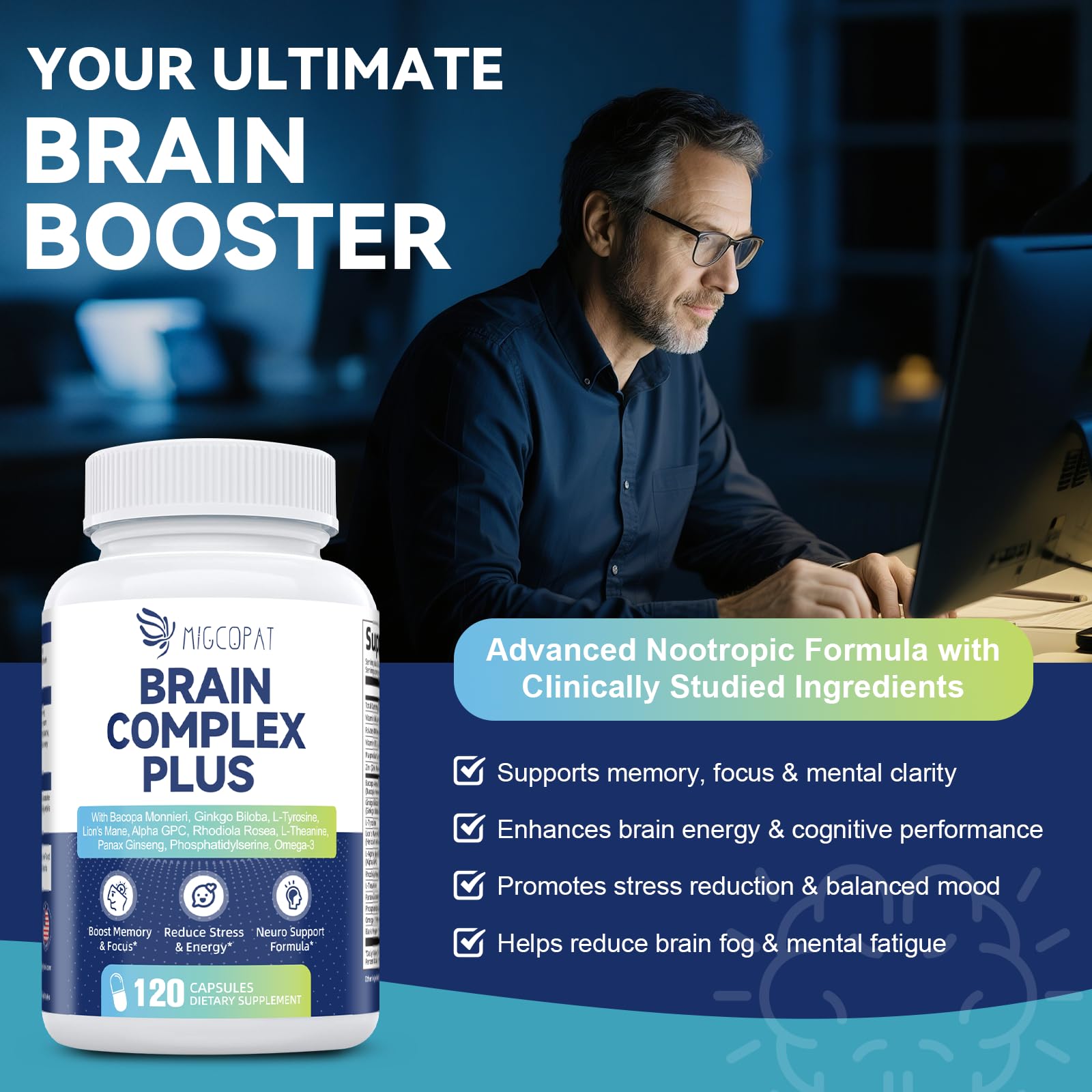 Brain Supplements for Memory & Focus - Nootropic with Bacopa Monnieri, Lion's Mane, Alpha GPC, Phosphatidylserine | Supports Mental Clarity & Cognitive Function | Vitamin B6 & B12-120 Capsules Migcopat buy supplements canada