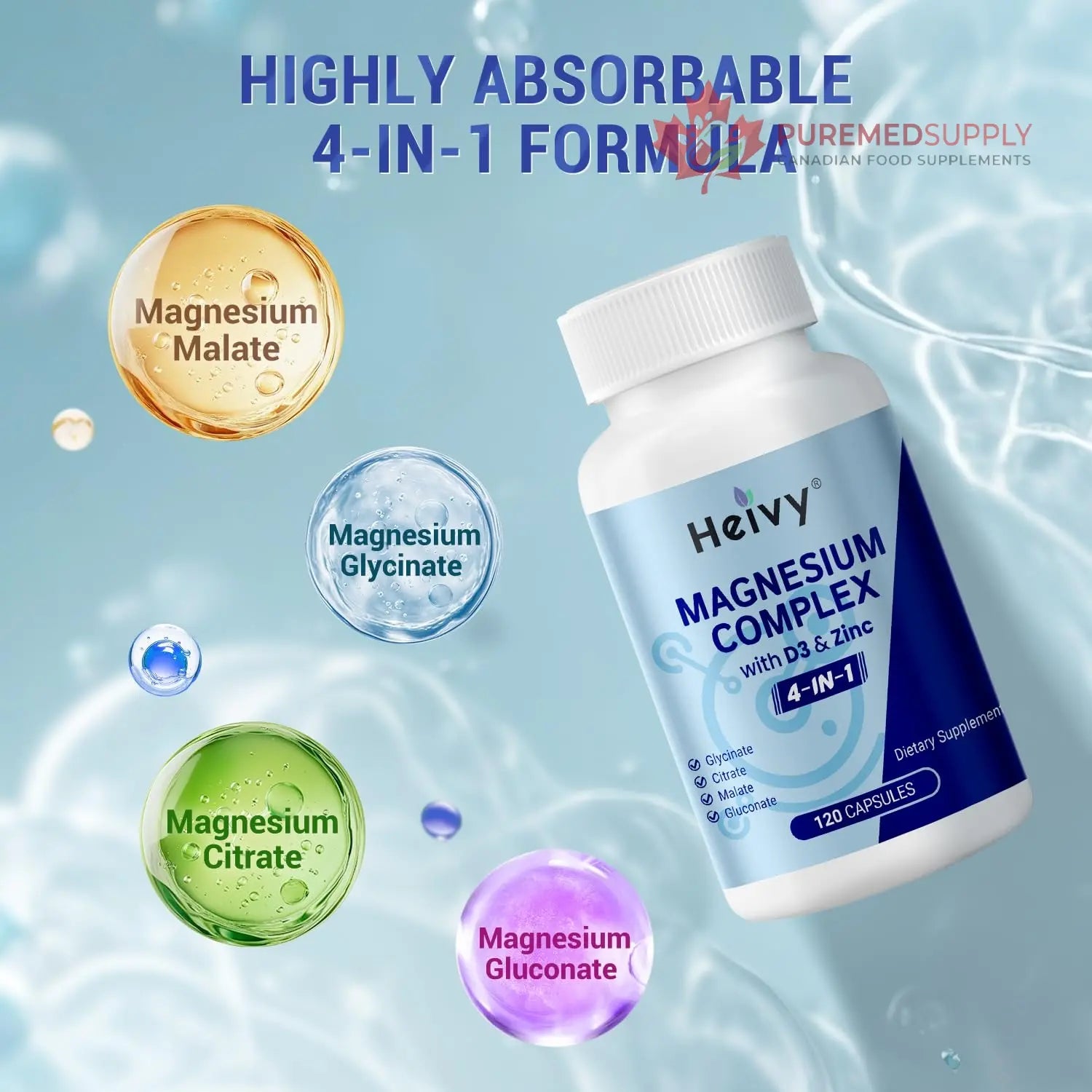 Heivy 4 in 1 Magnesium Complex with Zinc & Vitamin D3, 320mg Elemental Magnesium (Glycinate/Citrate/Gluconate/Malate), 120 Capsules (4 Months Supply), Vegan, Non-GMO, Gluten-Free, 3rd Party Tested Heivy buy supplements canada