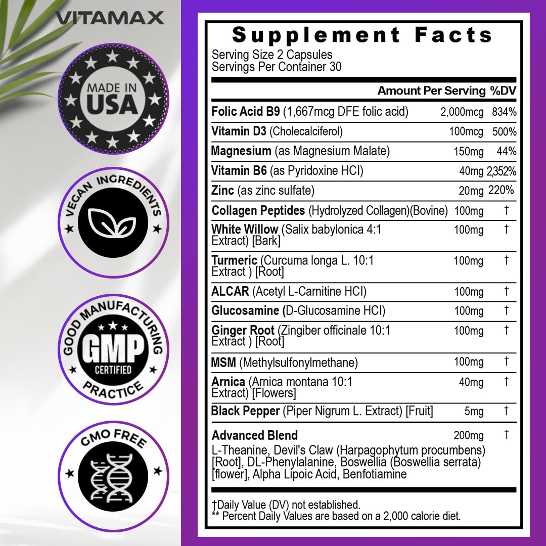 Sciatic Nerve Health Support - Sciatic Nerve Supplement Capsules with Folic Acid, Pea, Glucosamine, MSM, Vitamin B Complex, Alpha Lipoic Acid 300mg – 60ct – Made in USA Vitamax buy supplements canada