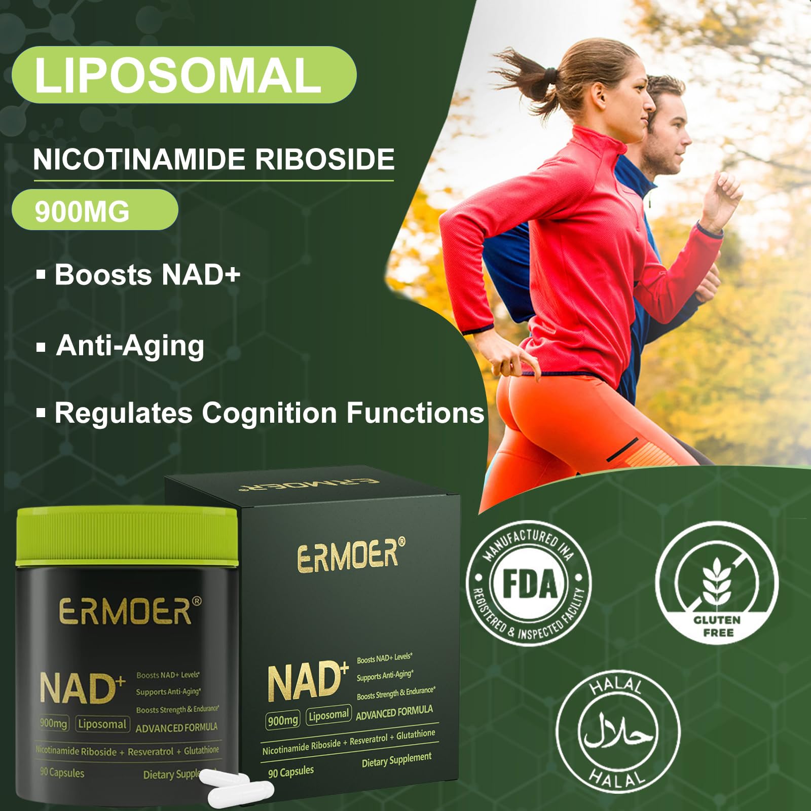 ERMOER NAD Liposomal Nicotinamide Riboside with Resveratrol & Quercetin 900mg, NAD Resveratrol Supplement for Anti Aging, Energy, Antioxidant, Focus (90 Count) ERMOER buy supplements canada