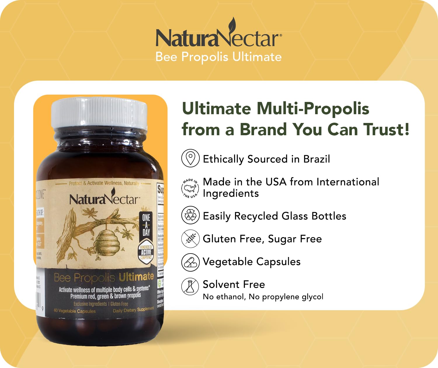 NaturaNectar - Ultimate Bee Propolis Capsules - NSF Contents Certified -Brazilian Red, Brown, & Green - Gluten-Free Supplement with Flavonoids - Naturally Sourced Through Ethical Beekeeping (60pcs.) NaturaNectar buy supplements canada