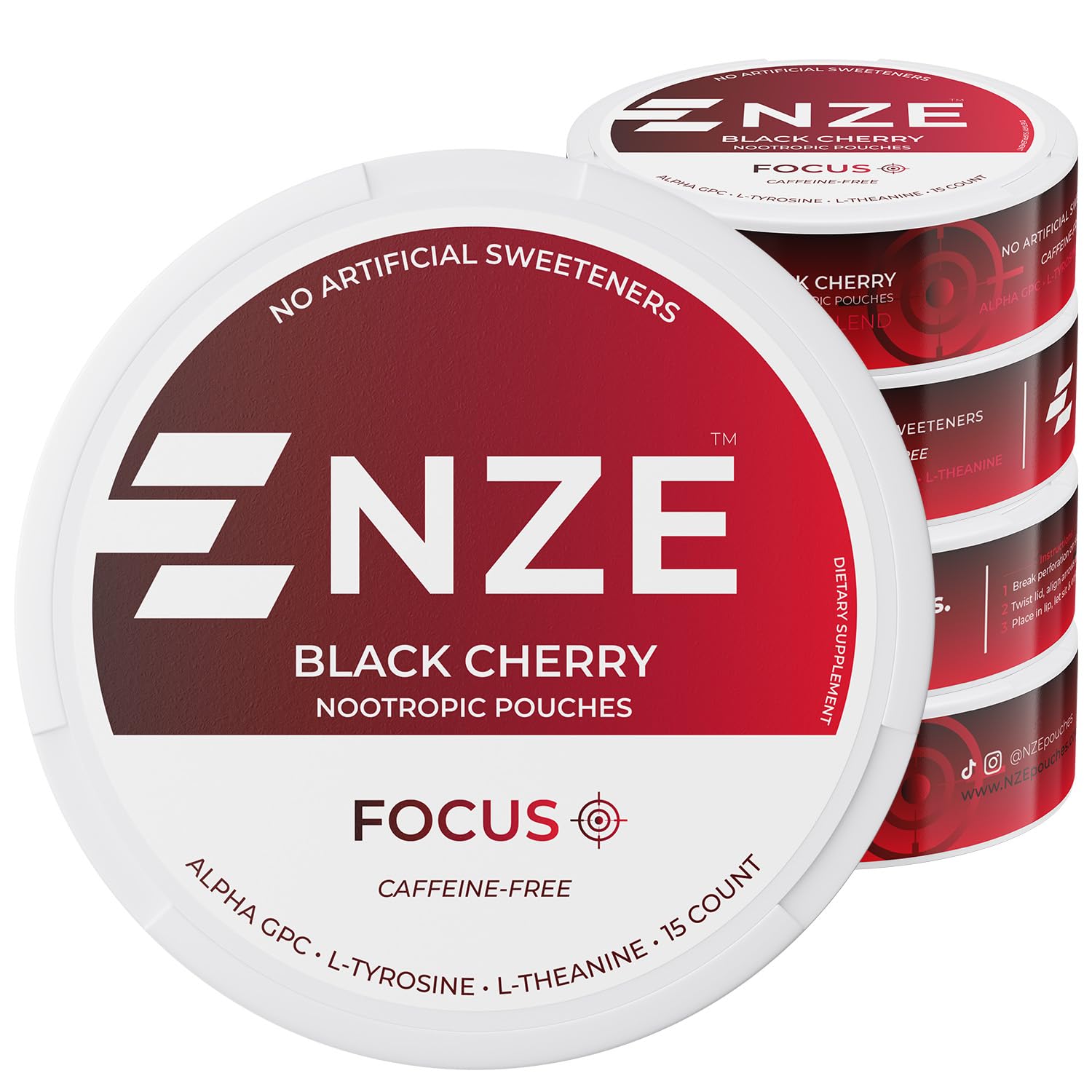 NZE Caffeine Free Nootropic Pouches (Black Cherry) - Nootropic Pouches with Alpha GPC, L-Tyrosine & L-Theanine - No Sugar or Artificial Sweeteners - 15 Pouches Per Can - 5 Pack NZE buy supplements canada