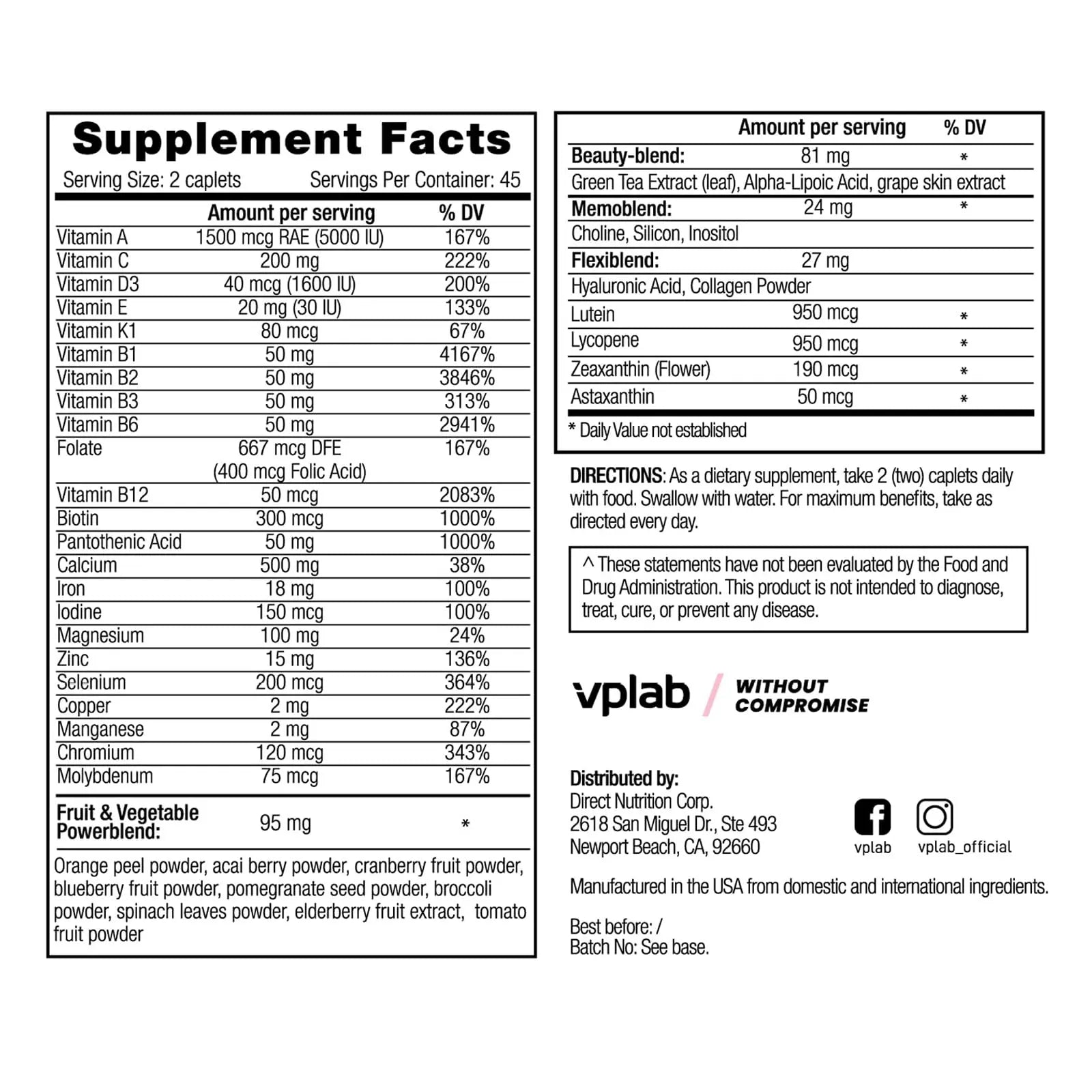 VPLab Ultra Women's Multivitamin Formula - Supplement for Hair, Skin & Nails with Biotin, Iron, Vitamin B, D, C & Zinc, Folate vplab nutrition buy supplements canada
