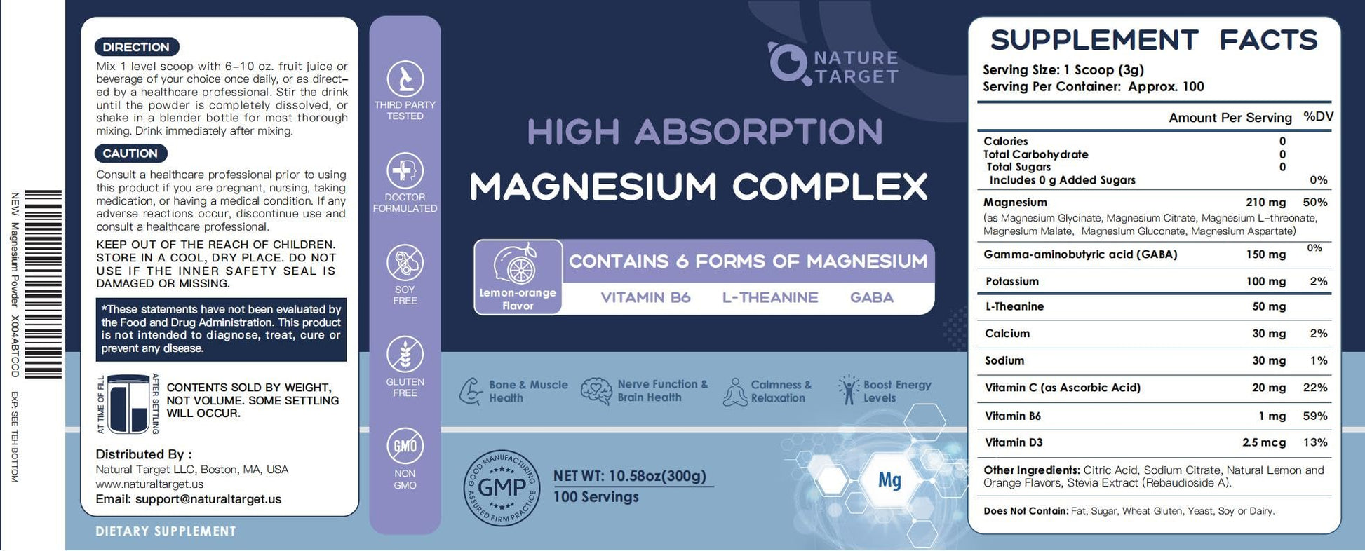 NATURE TARGET Magnesium Powder Supplement with Glycinate, Citrate, Malate, Magnesium Complex with L-Theanine & Vitamin B6 for Muscle, Heart & Brain, Vegan, 10.58 oz (100 Servings), Lemon Orange Flavor NATURE TARGET buy supplements canada