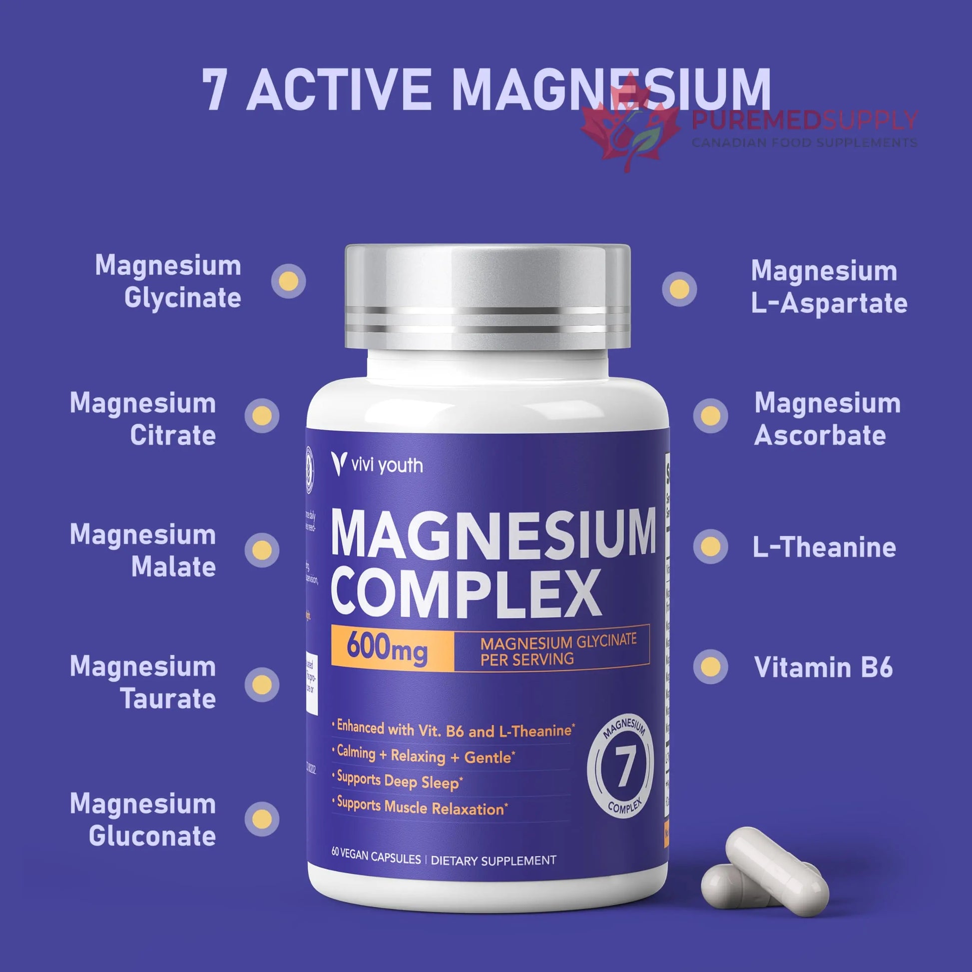 Magnesium 7 Complex for Women 1600mg, Magnesium Glycinate 600mg 7 High Absorption Magnesium Supplement with Citrate, Malate, Chelate, Taurate, Gluconate, Aspartate & Ascorbate for Sleep, 60 Capsules VIVI Youth buy supplements canada