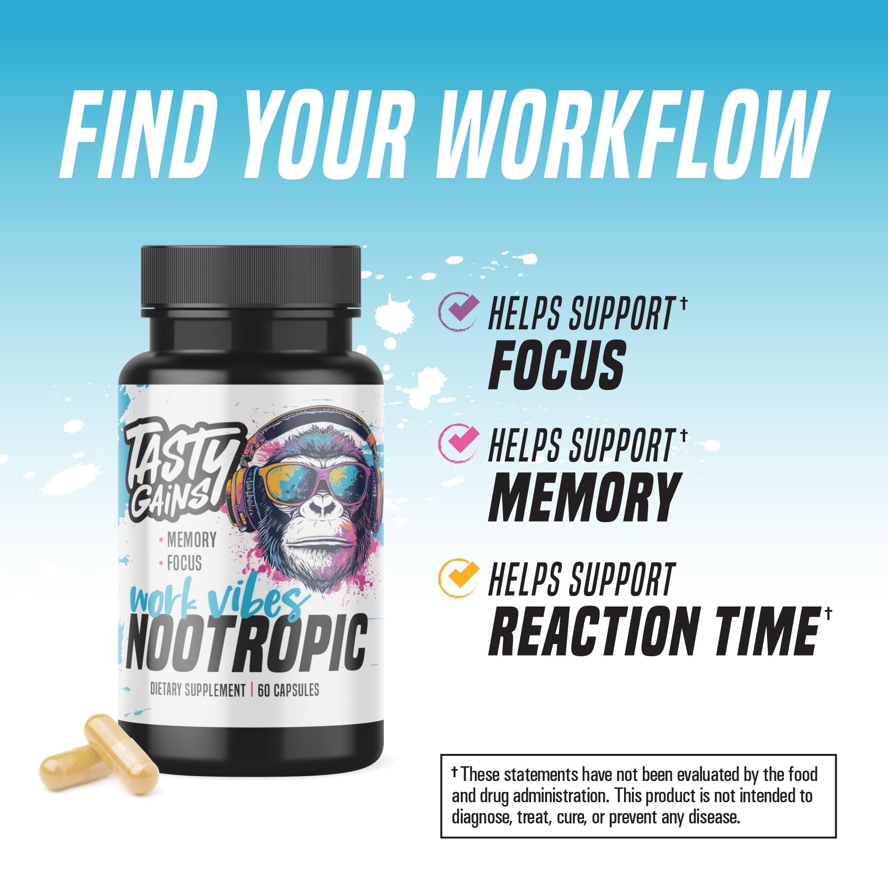 Nootropic Brain Supplement for Memory and Focus - Vitamin for Mental Health & Brain Health with L-Theanine, Rhodiola Rosea & Phosphatidylserine - Memory, Mental Clarity & Cognitive Improvement - 60 Ct TASTY GAINS buy supplements canada