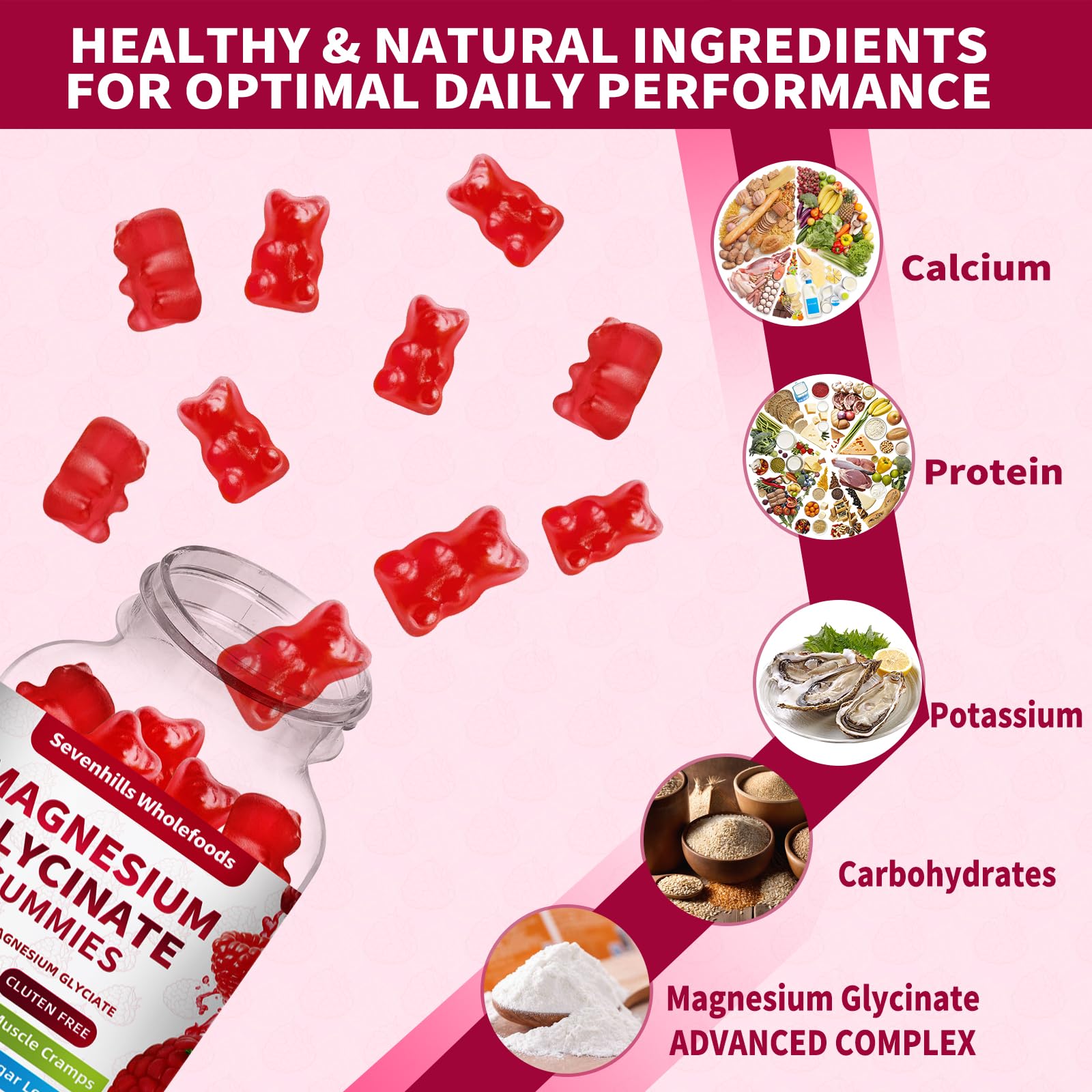 Magnesium Glycinate Gummies 1000mg - Sugar Free Magnesium Potassium Supplement for Relaxation, Calm, Stress Relief, and Sleep Support for Adults & Kids - 60 Raspberry Gummies Sevenhills Wholefoods buy supplements canada
