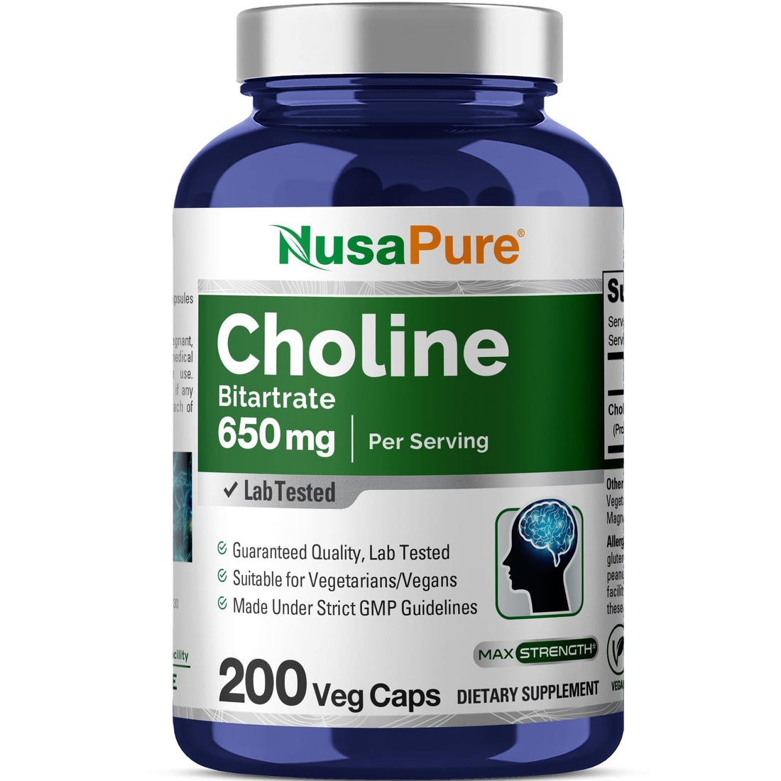 NusaPure Choline Bitartrate - Suitable for Vegetarian/Vegan, Non - GMO - 650 mg 200 Capsules NusaPure buy supplements canada
