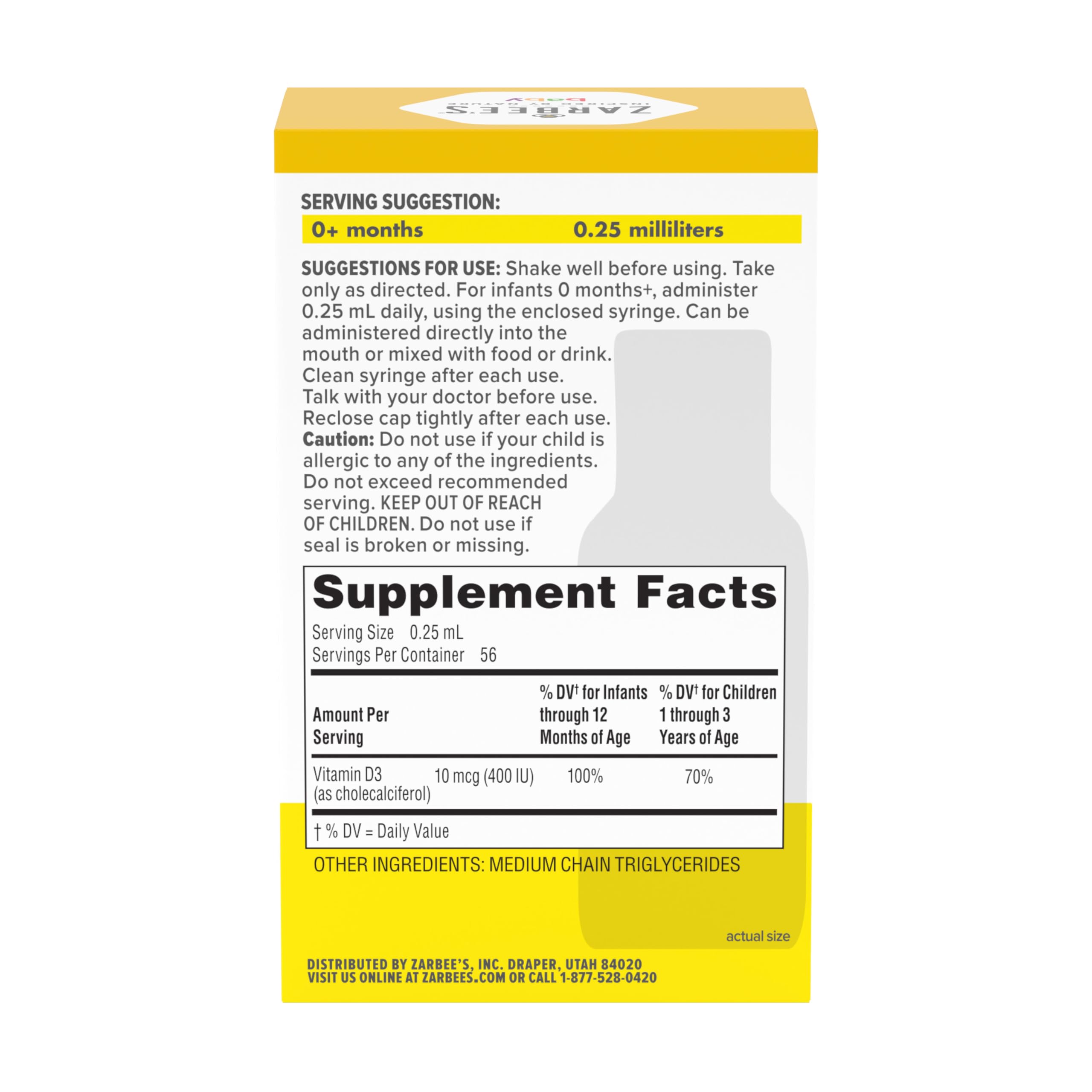 Zarbee's Vitamin D Drops for Infants, 400IU (10mcg) Baby & Toddler Liquid Supplement, Newborn & Up, Dropper Syringe Included, 0.47 Fl Oz Zarbee's buy supplements canada