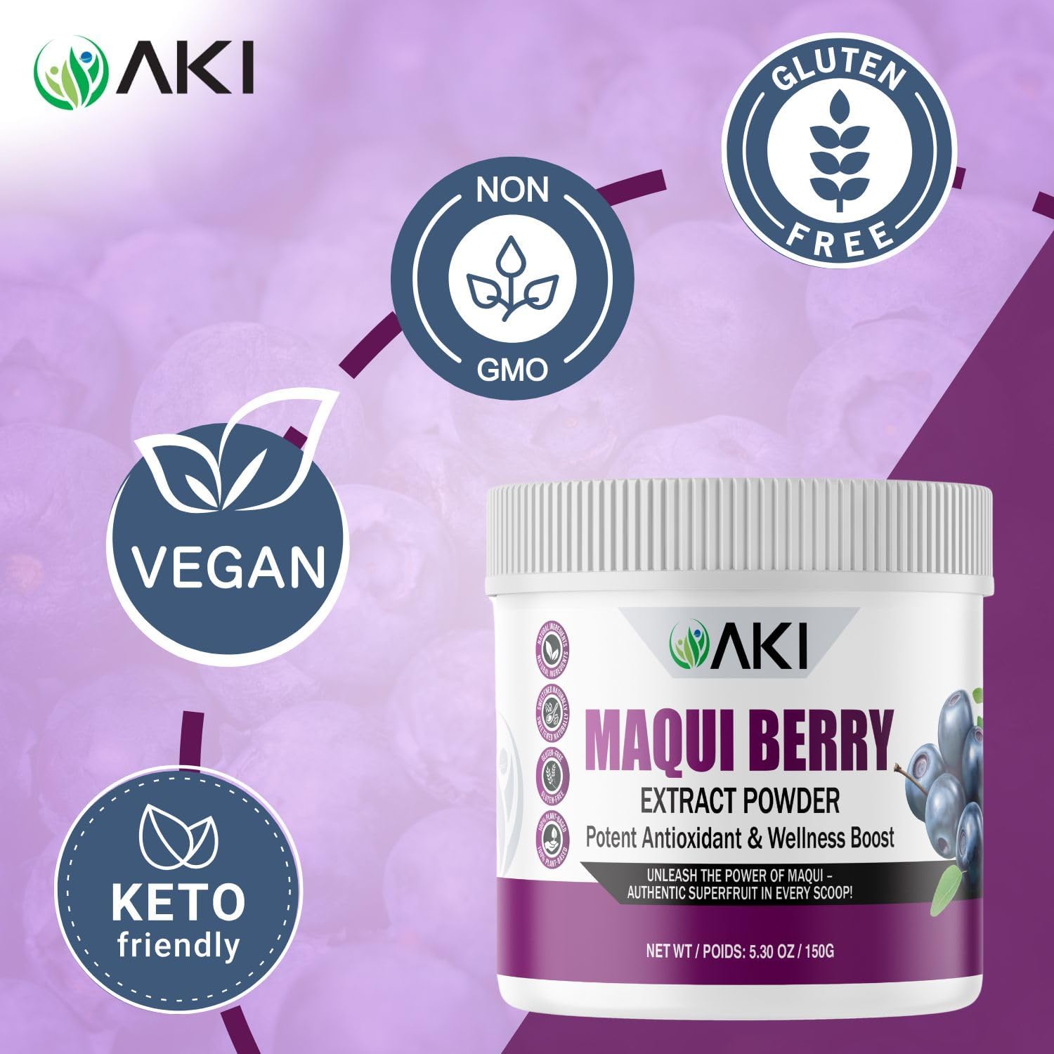 AKI Maqui Berry Extract Powder – Wild Harvested from Patagonia, High in Anthocyanins & Polyphenols, Freeze-Dried Superfruit for Smoothies, Non-GMO, Vegan, 150g/ 5.3 oz AKI ORGANIC buy supplements canada