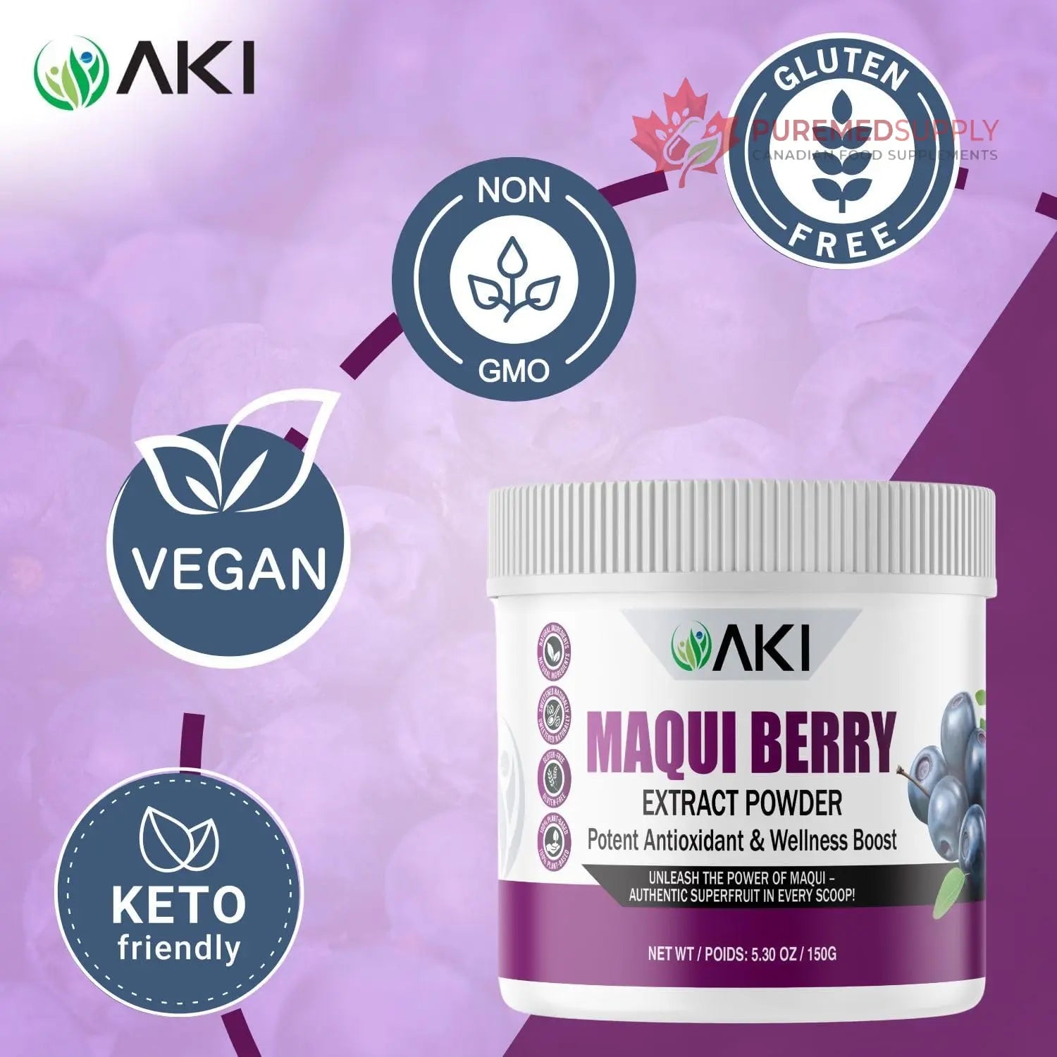 AKI Maqui Berry Extract Powder – Wild Harvested from Patagonia, High in Anthocyanins & Polyphenols, Freeze-Dried Superfruit for Smoothies, Non-GMO, Vegan, 150g/ 5.3 oz AKI ORGANIC buy supplements canada