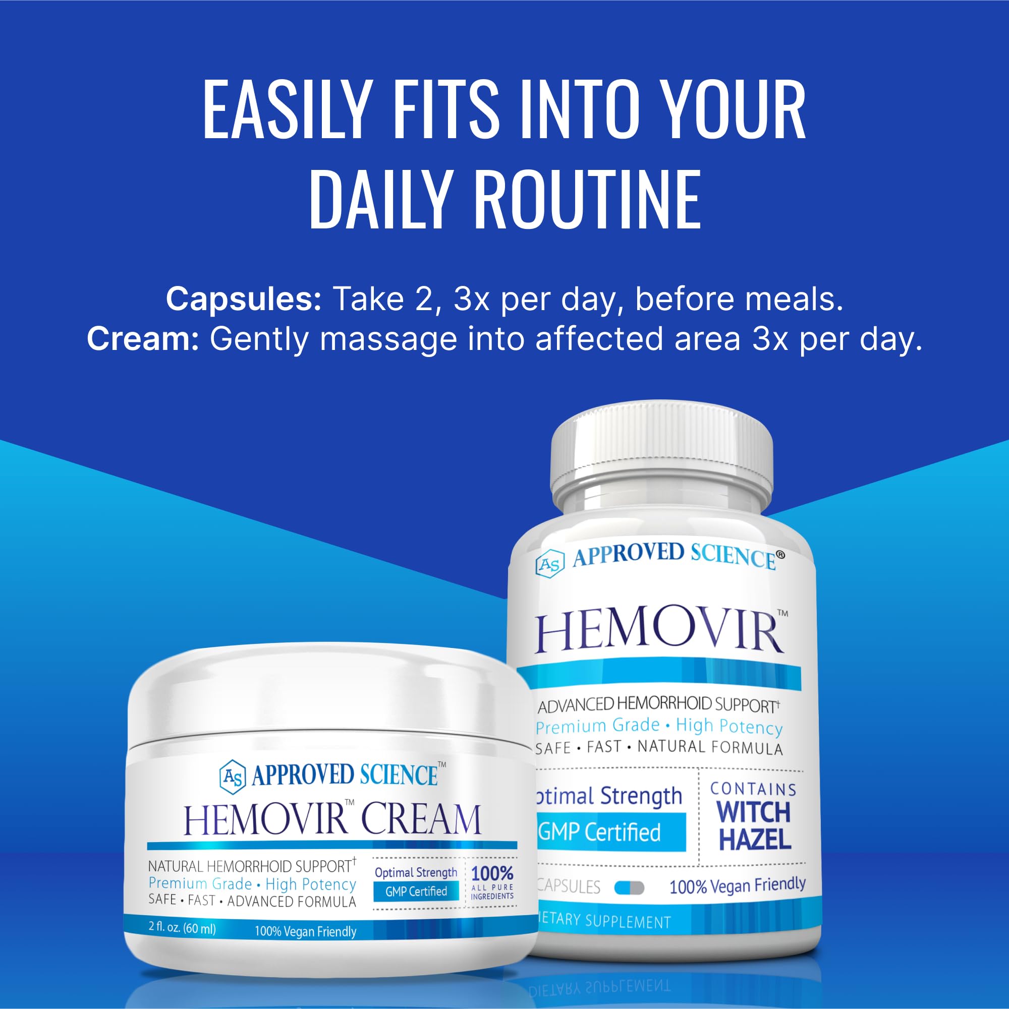 Approved Science Hemovir - Hemorrhoid Capsules and Cream - Dual-Action Stops Itching and Optimizes Blood Flow - Internal and External Care - 45 Capsules + 2 Fl Oz - Vegan - Non GMO - Made in The USA Approved Science buy supplements canada