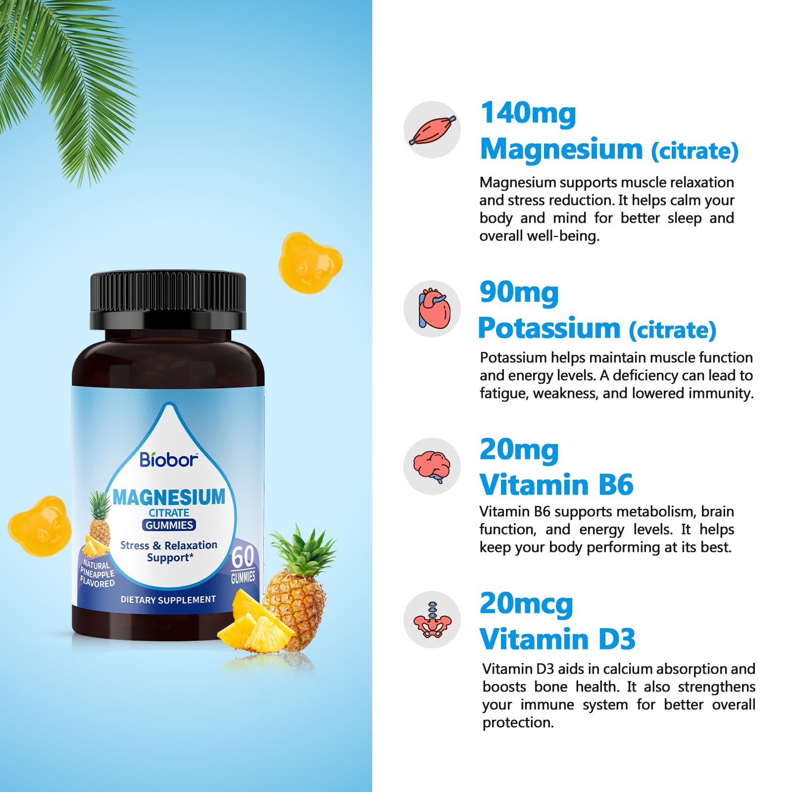 Biobor Potassium Magnesium Gummies, Magnesium Citrate & Potassium Citrate Supplements with Vitamin D3, B6 for Electrolyte Balance, Muscle, Leg Cramps, GMO Free Gluten Free (Pineapple,60 Count) Biobor buy supplements canada