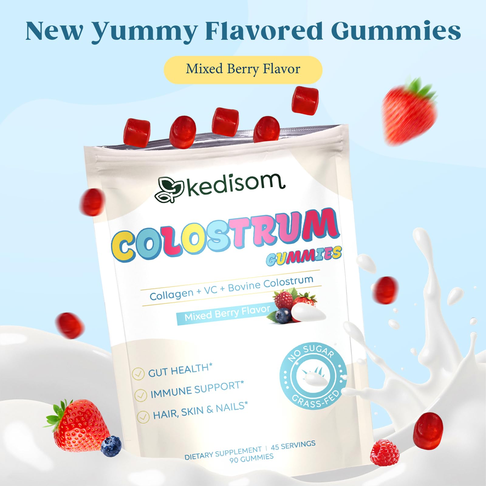 KEDISOM Colostrum Gummies, Grass Fed Colostrum Supplement, 90 Bovine Colostrum Gummies, 45 Servings, Mixed Berry, Sugar-Free KEDISOM buy supplements canada