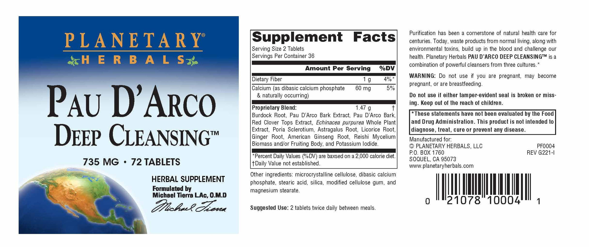 Planetary Herbals PAU D'Arco Deep Cleansing, Herbal Supplement, 735 mg - 72 Tablets Planetary Herbals buy supplements canada
