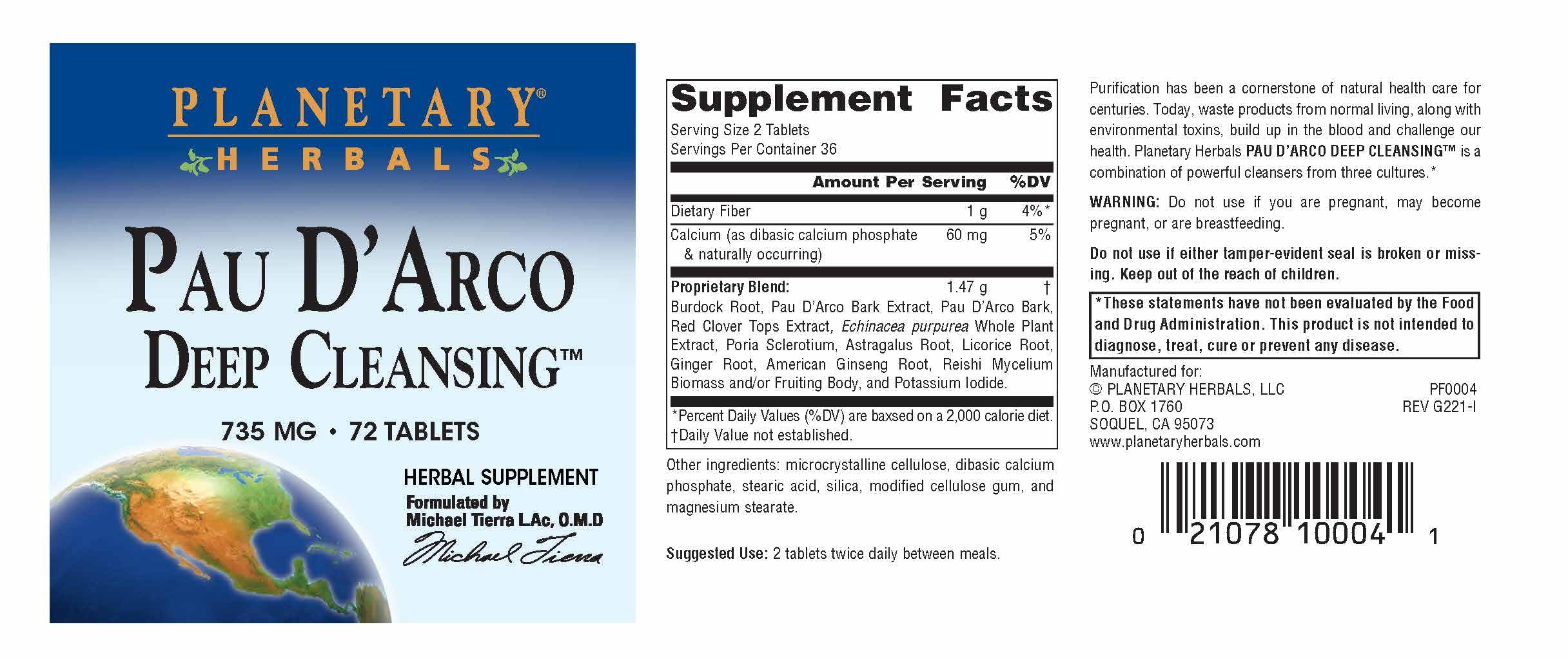 Planetary Herbals PAU D'Arco Deep Cleansing, Herbal Supplement, 735 mg - 72 Tablets Planetary Herbals buy supplements canada