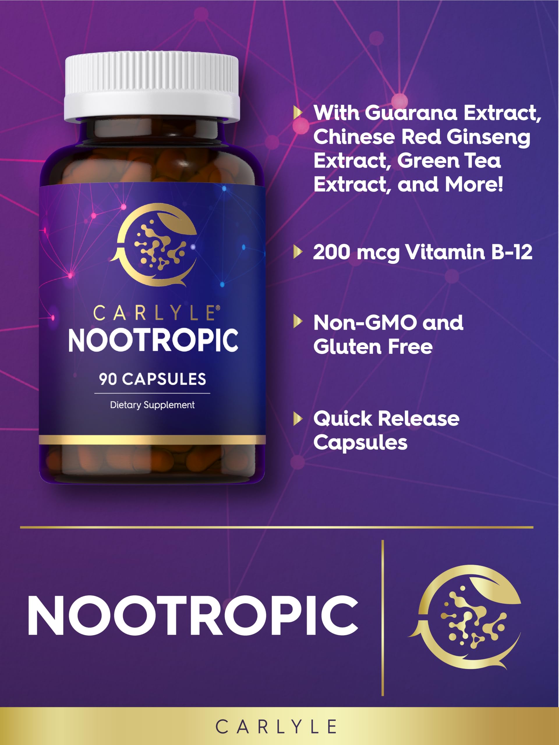 Carlyle Brain Nootropic Supplement | 90 Capsules | with Caffeine, B12, and Guarana Extract | Non-GMO & Gluten Free Carlyle buy supplements canada
