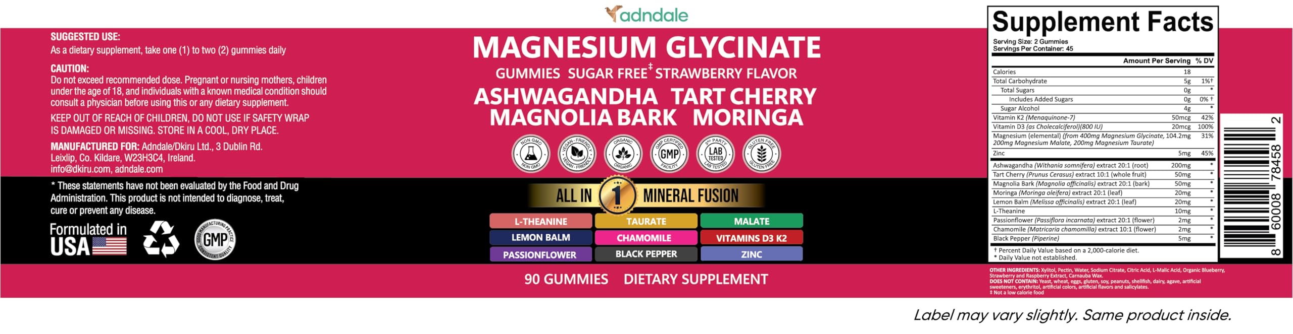 Adndale Magnesium Glycinate 400 mg Gummies with Ashwagandha, Magnesium Malate & Taurate, Tart Cherry, Magnolia Bark, Lemon Balm, Passionflower Adndale buy supplements canada