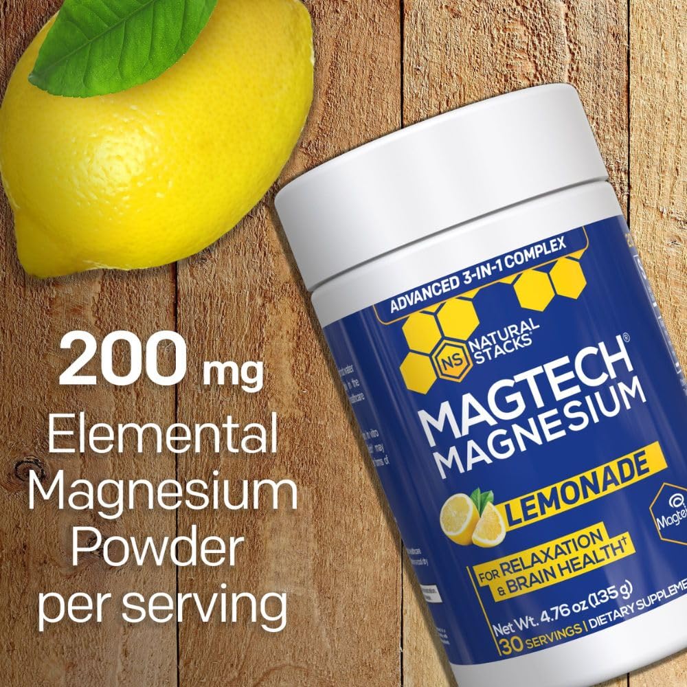 Magtein Magnesium L-Threonate, Glycinate & Taurate - MagTech Magnesium Powder - Sugar Free Lemonade Drink - 200mg Chelated Triple Complex - Supports Relaxation & Brain Health* - 30 Servings NATURAL STACKS buy supplements canada