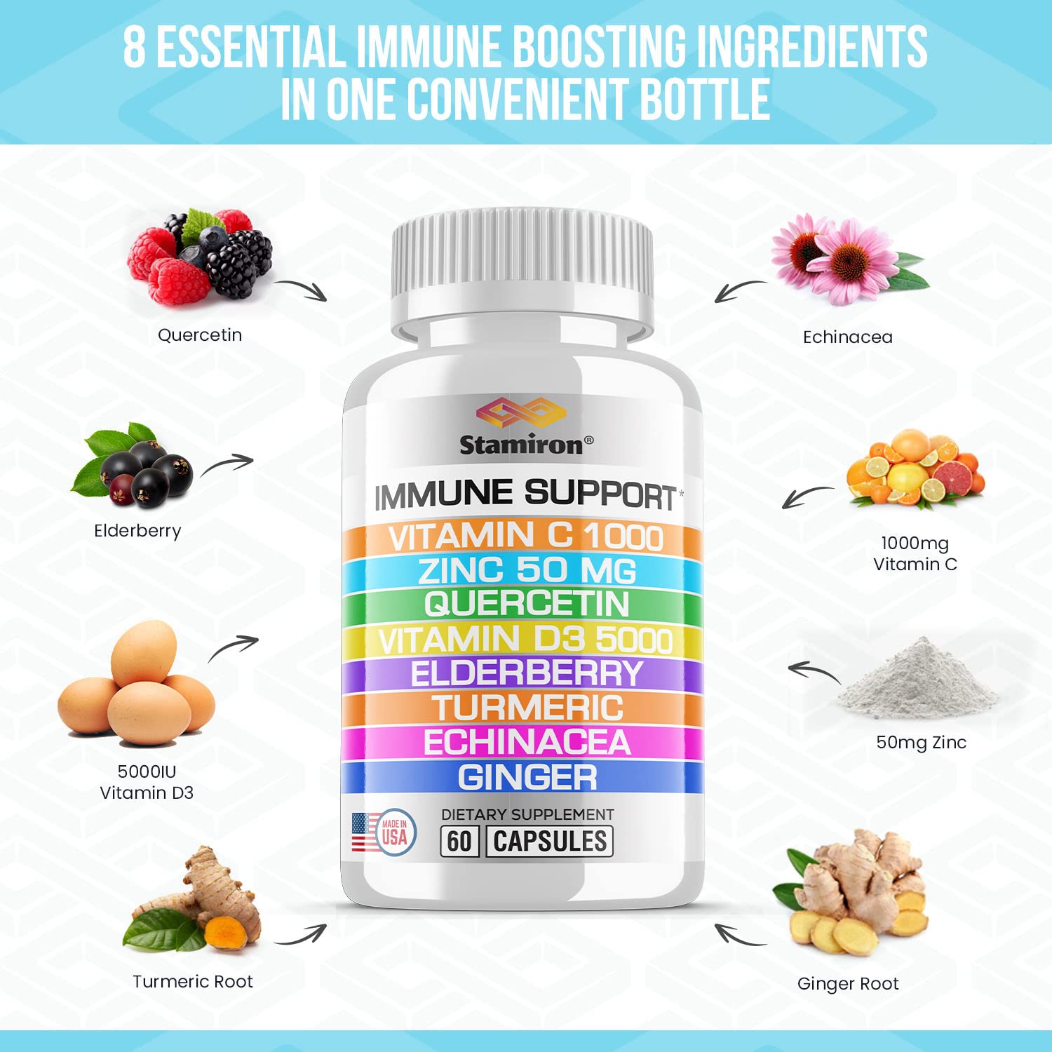 8 in 1 Immune Support with Quercetin Zinc 50mg Vitamin C 1000mg Vitamin D3 5000 IU and Elderberry Echinacea Ginger for Adults Kids - VIT D Supplement Veg Capsules Stamiron buy supplements canada
