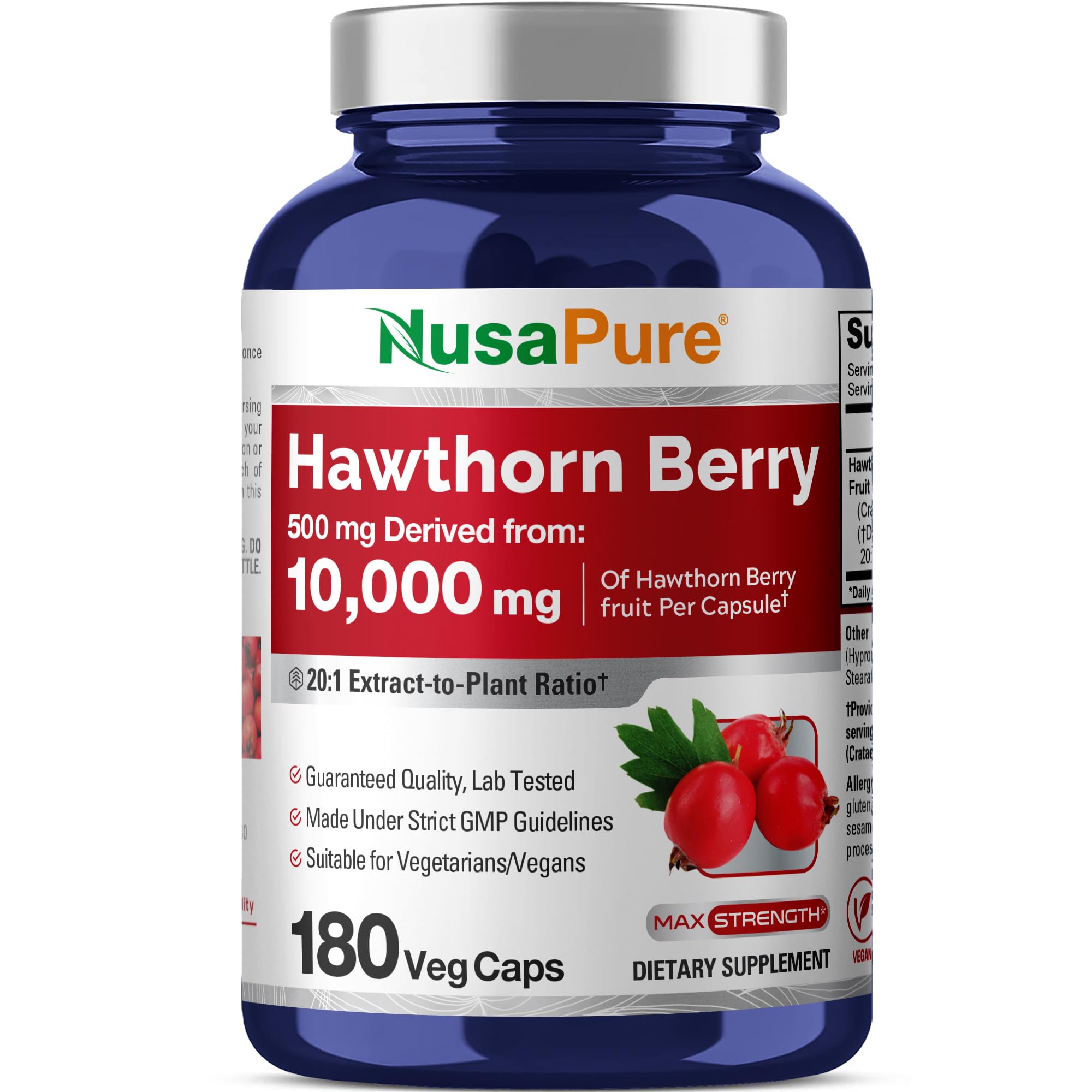 NusaPure Hawthorn Berry 20:1 Extract, 500 mg Equivalent to 10,000 mg 180 Veg Caps, Suitable for Vegetarians, Vegan, Non-GMO Dietary Supplement NusaPure buy supplements canada