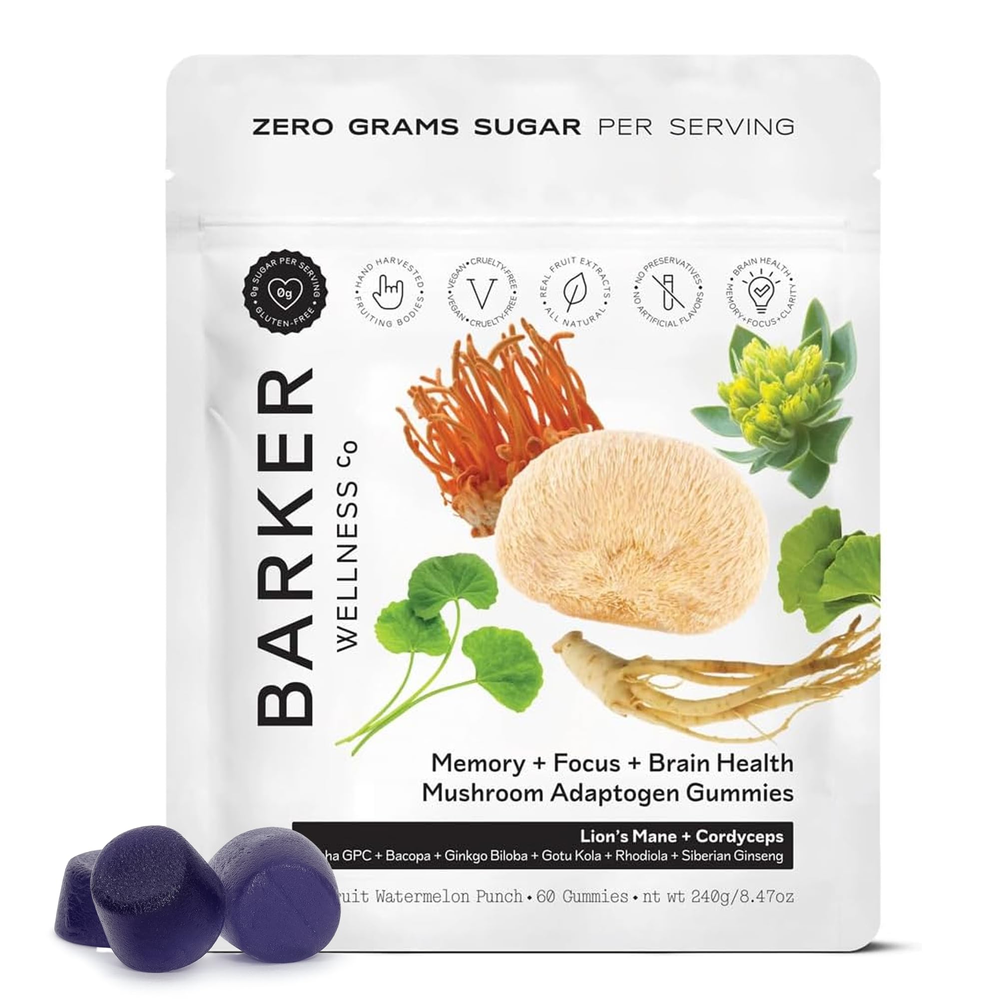 Barker Wellness Mushroom Adaptogen Gummies for Memory & Focus, Brain Health Supplement with Lion's Mane, Cordyceps, Cognizin, Vegan, Sugar-Free Passion Fruit Watermelon Flavor- 60 Count Barker Wellness Co buy supplements canada