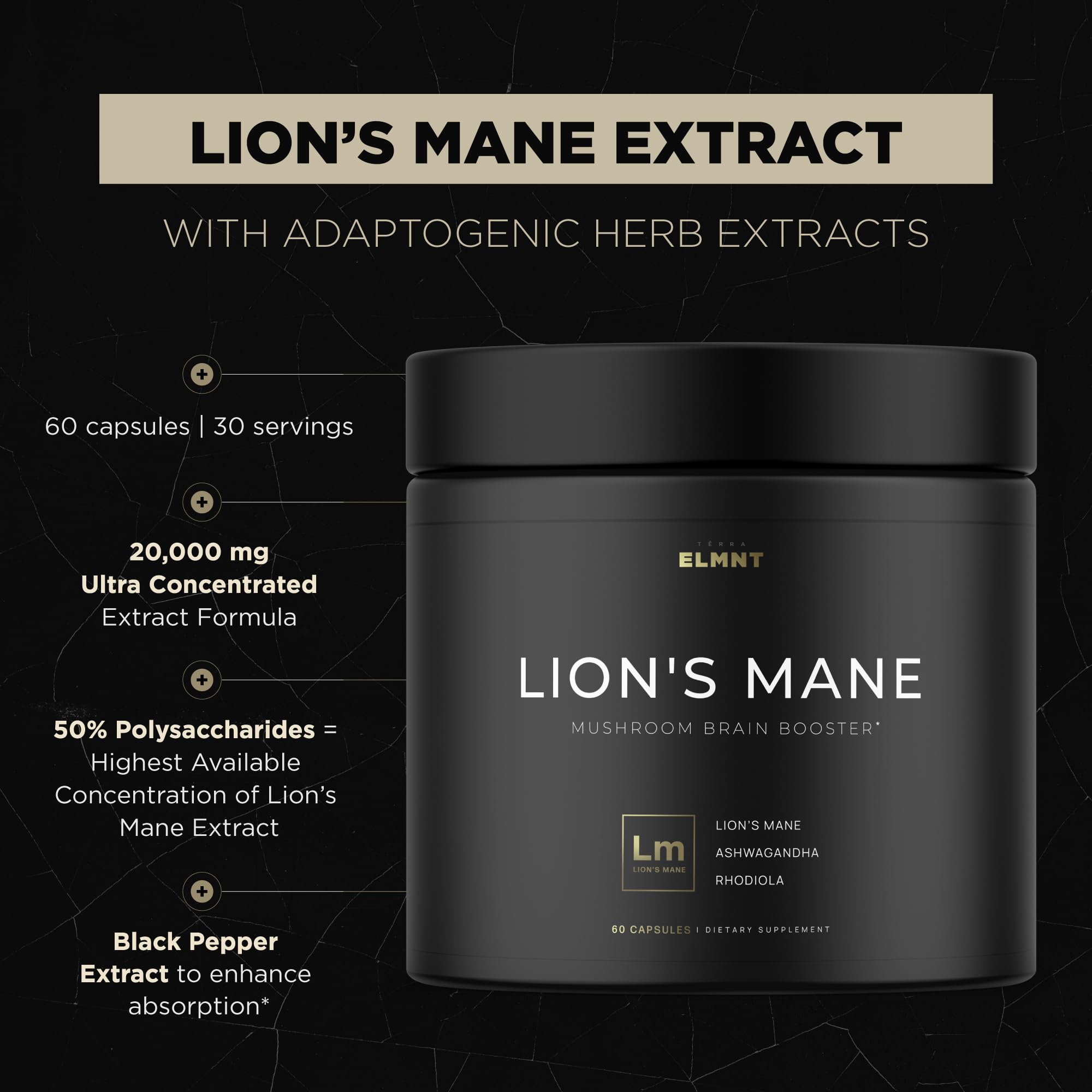 20,000mg 16x Strength Lions Mane Supplement Capsules Super Nootropic w. Ashwagandha & Rhodiola - Highest Potency Lion's Mane Mushroom Extract 50% Polysaccharides Brain Supplements for Memory and Focus TERRA ELMNT buy supplements canada