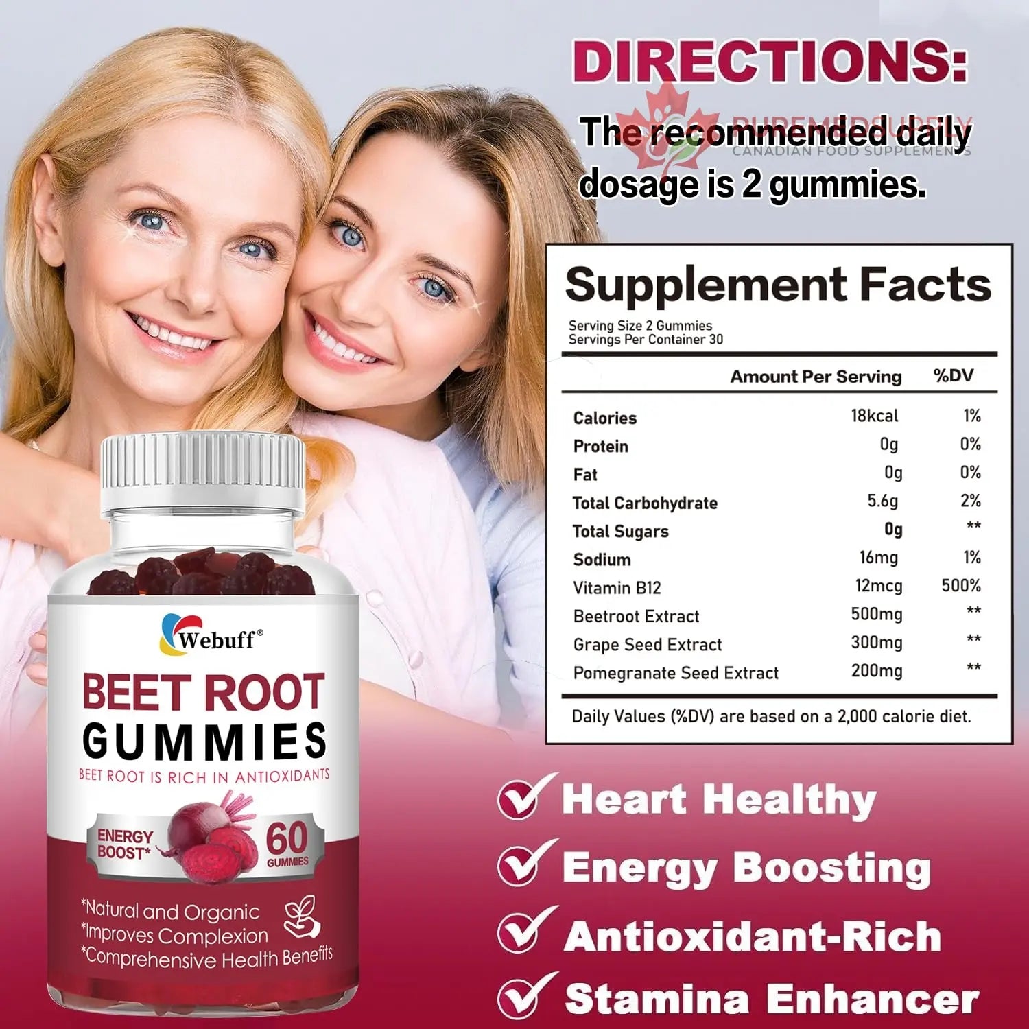 Webuff Beet Root Gummies - Nitric Oxide Booster with Organic Beet, Pomegranate & Grape Seed, Vitamin B12 - Energy, Circulation & Heart Health Support, Vegan, Non-GMO, 60 Count (Pack of 1) Webuff buy supplements canada