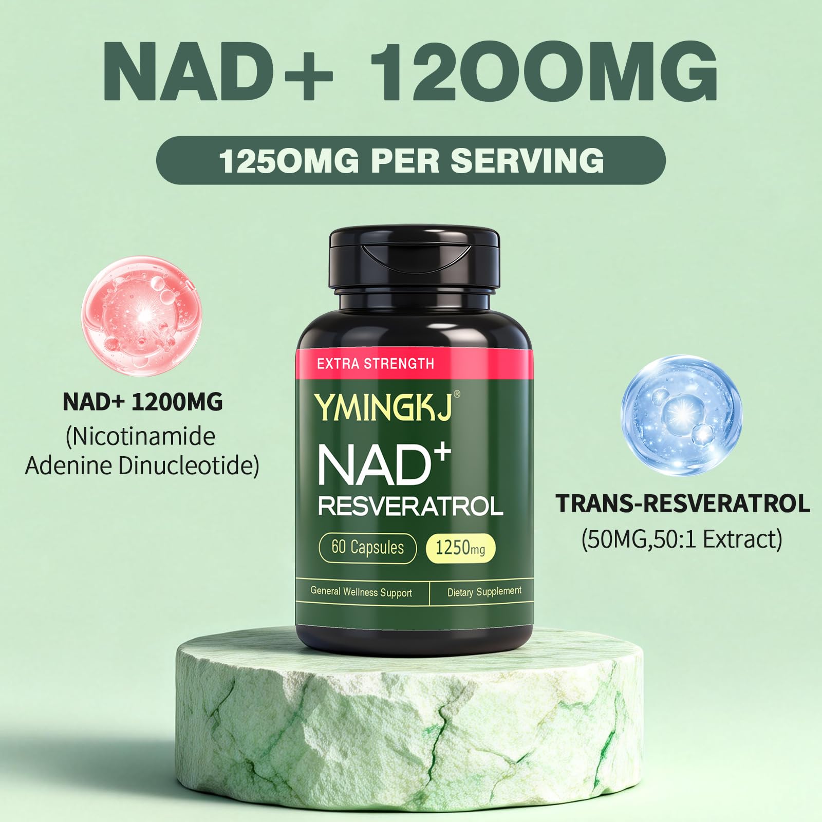YMINGKJ NAD+ Supplement with Resveratrol 1200mg – Nicotinamide Adenine Dinucleotide & Trans-Resveratrol 50mg, Anti-Aging Cellular Energy & Metabolism Support, 60 Vegetarian Capsules (30 Servings) YMINGKJ buy supplements canada