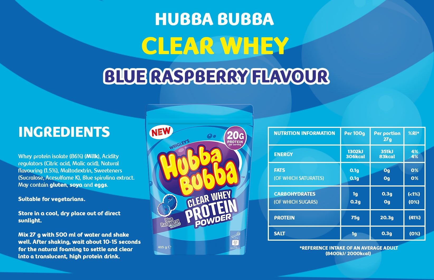 Hubba Bubba Blue Raspberry Clear Whey Isolate, Protein Powder Drink, 405g Pouch Hubba Bubba buy supplements canada