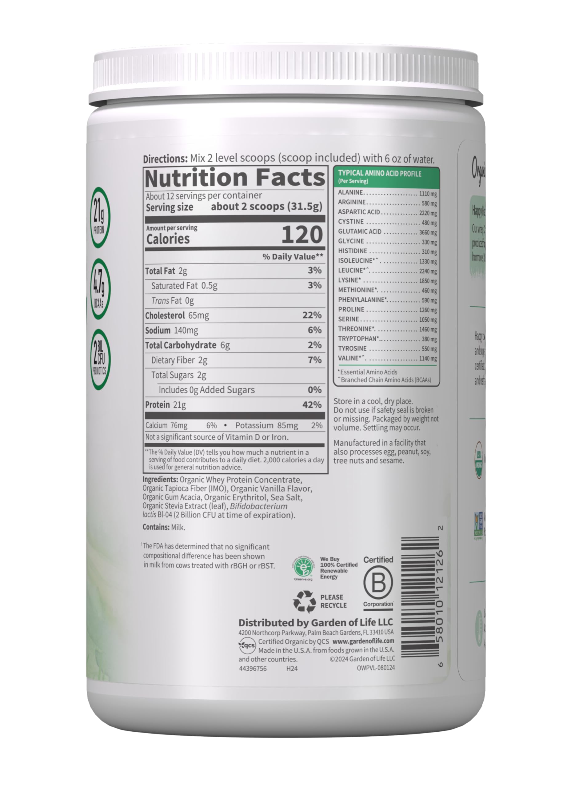 Garden of Life Grass Fed Whey Protein Powder Vanilla - 21g Protein for Women & Men + Probiotics - 12 Servings - Gluten Free, Non GMO, Kosher, Humane, RBST & rBGH Hormone Free Garden of Life buy supplements canada