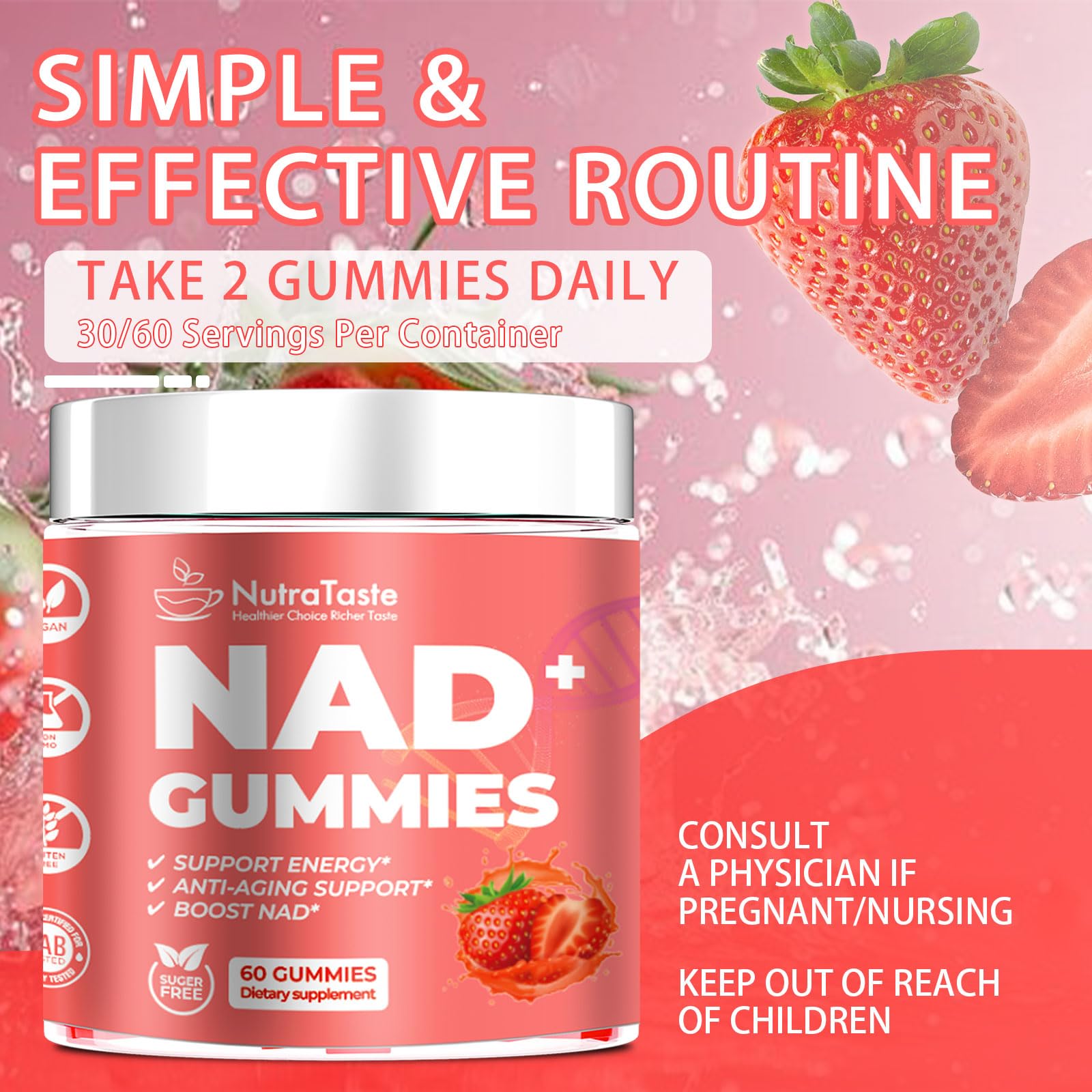 NUTRATASTE HEALTHIER CHOICE RICHER TASTE NAD⁺ Gummies Supplement for Anti-Aging, Energy & Focus Boost | Resveratrol, Nicotinamide Riboside | Strawberry Flavor, Vegan, Sugar-Free,60 Count (Pack of 1) NUTRATASTE HEALTHIER CHOICE RICHER TASTE buy supplements canada