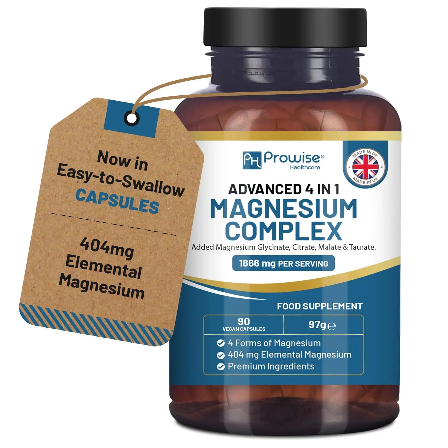 Magnesium Glycinate Complex 4 in 1-1866mg per Serving | Precise 404mg Elemental Magnesium dose | Added Magnesium Glycinate, Citrate, Malate & Taurate | 90 Vegan Capsules - by Prowise PH PROWISE Healthcare buy supplements canada