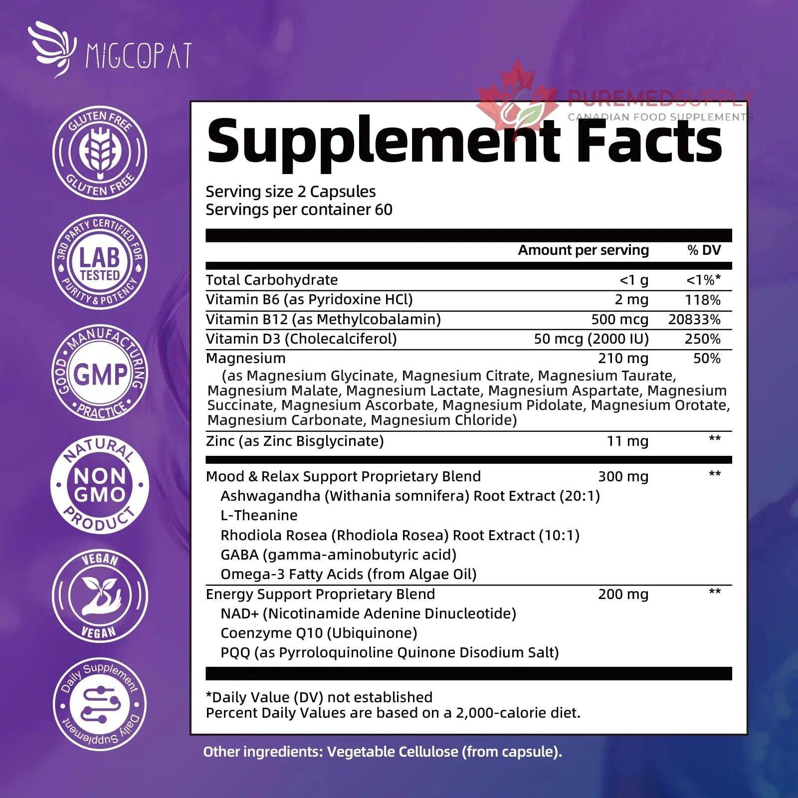 Migcopat Magnesium Complex w/Magnesium Glycinate, Malate, Citrate | 24-in-1 Magnesium Supplement w/Ashwagandha, L-Theanine & NAD+ | Supports Calm, Energy, Muscle & Sleep | Non-GMO, 120 Vegan Caps Migcopat buy supplements canada