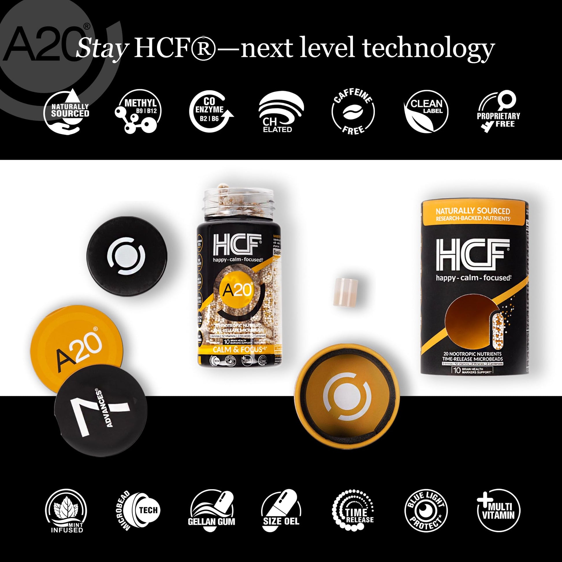 HCF A20 Microbead Brain Health Supplements for Adults for Memory, Focus, Calm, Mood, Alertness, Attention, Vision, Sleep, Immune System, 20 Premium Nootropic Nutrients Multivitamin & 7 Advances® Tech HCF buy supplements canada