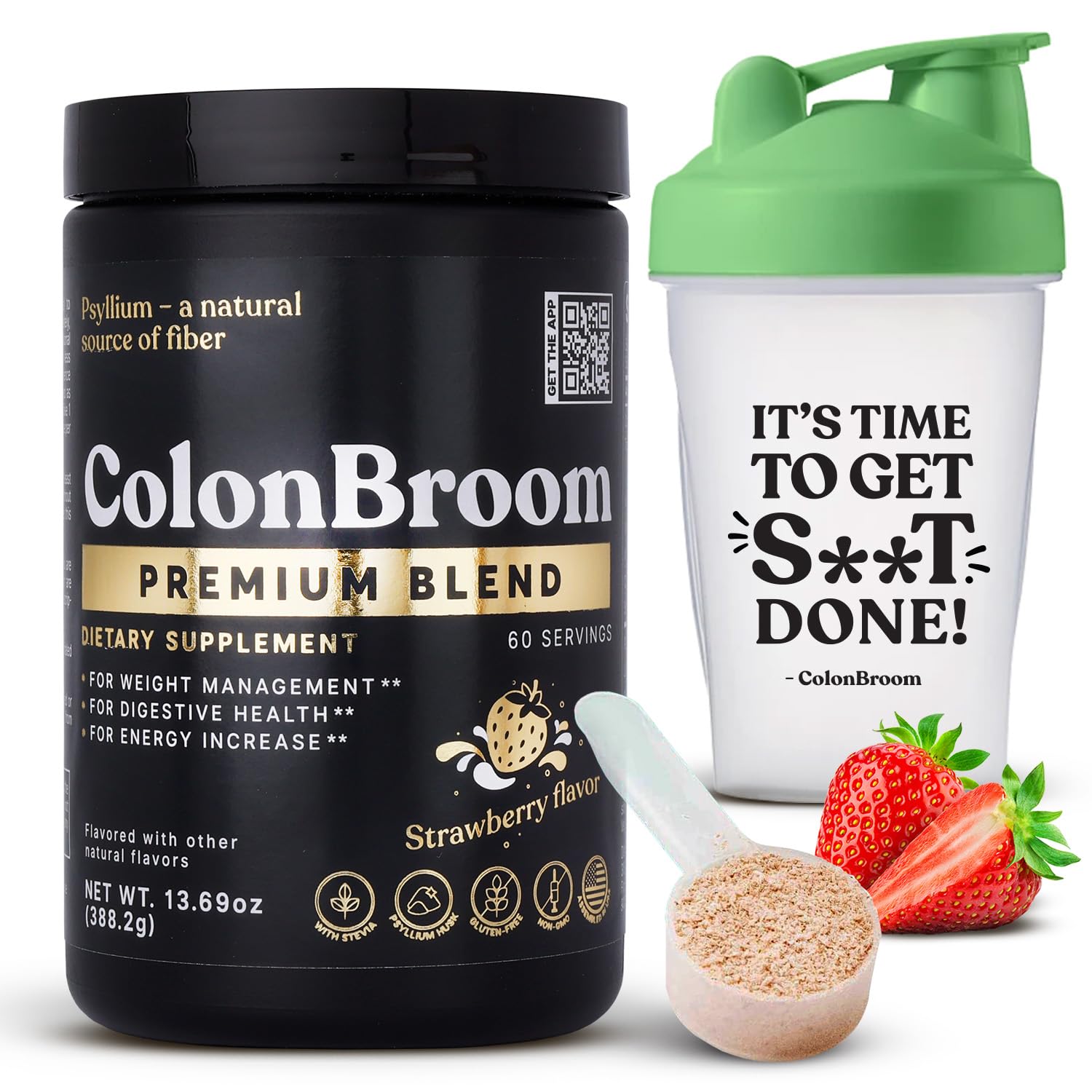 ColonBroom Premium Psyllium Husk Powder (Strawberry, 60 Servings) + Shaker Bottle for Colon Broom Fiber Powder Drink Bundle - Colon Cleanse for Bloating Relief & Gut Health - Fiber Powder Supplement ColonBroom buy supplements canada