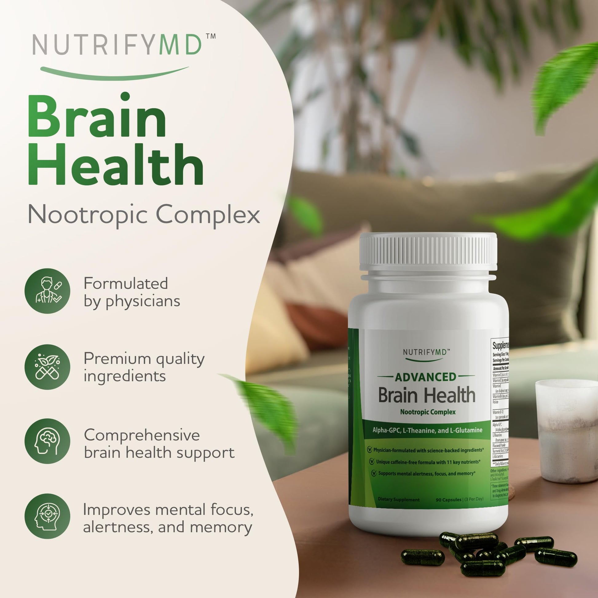 Advanced Brain Health Supplement with Alpha GPC, L-Theanine, L-Glutamine for Memory and Focus - 90 Capsules NutrifyMD buy supplements canada