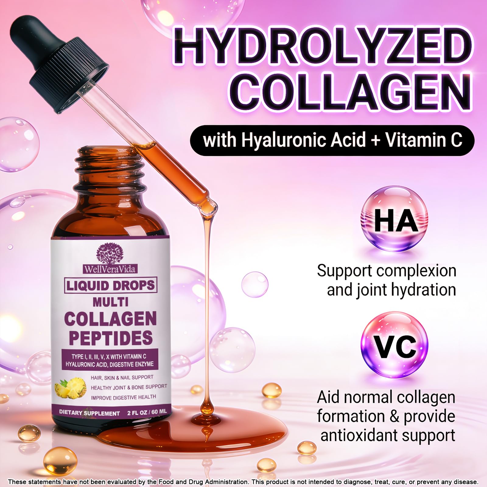 Multi Collagen Peptides Liquid Drops, 2oz – Types I, II, III, V, X, Hydrolyzed Collagen Complex for Hair, Skin, Nails, Bones & Joint Support | Collagen Supplement w. Hyaluronic Acid, Biotin, Vitamin C WellVeraVida buy supplements canada