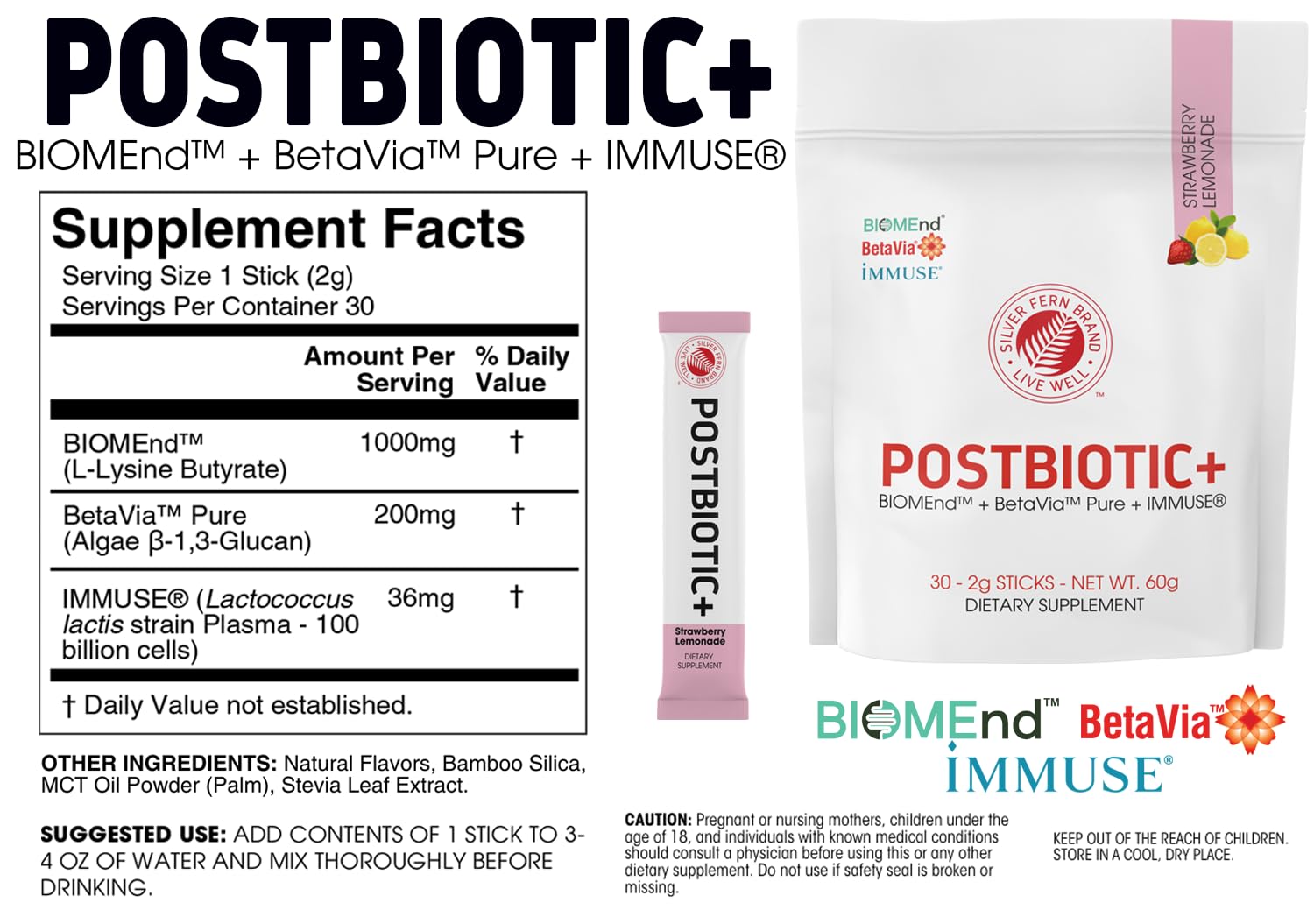Silver Fern Brand Postbiotic+ Strawberry Lemonade Powder – Postbiotic Supplement with BIOMend™, BetaVia™, and Immuse® – Supports The Digestive System Silver Fern buy supplements canada