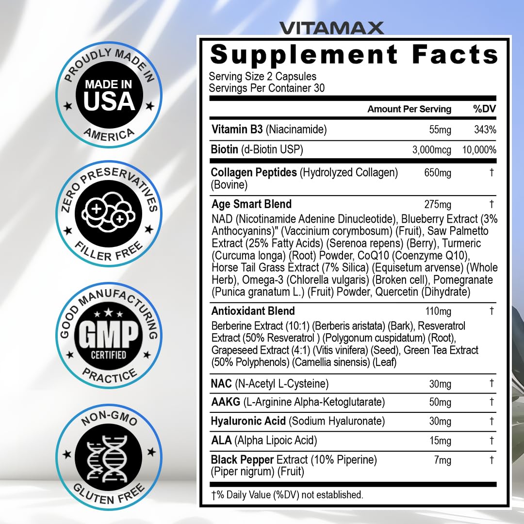 Resveratrol NAD+ Berberine Hyaluronic Acid - Biotin Grape & Blueberry + NAC - Collagen Peptides - Hair, Nail, Skin & Joint Supplement - 21-in-1 Women and Men Vitamax buy supplements canada