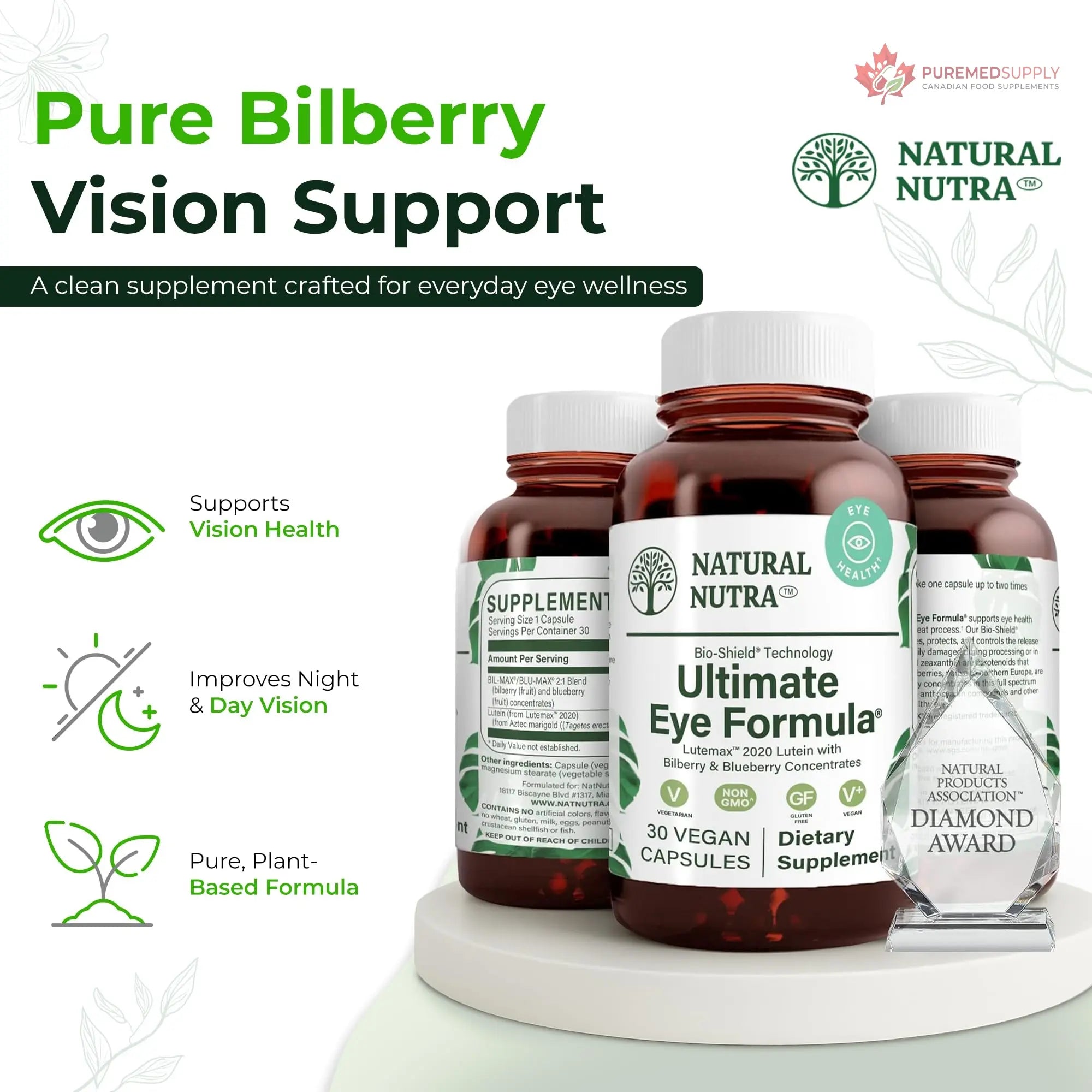Natural Nutra Ultimate Eye Health Supplement - Bilberry & Blueberry Extract Blend for Day and Night Vision Support, Promotes Color Perception & Eye Clarity - Non-GMO, Vegan - 30 Capsules (Pack of 3) Natural Nutra buy supplements canada